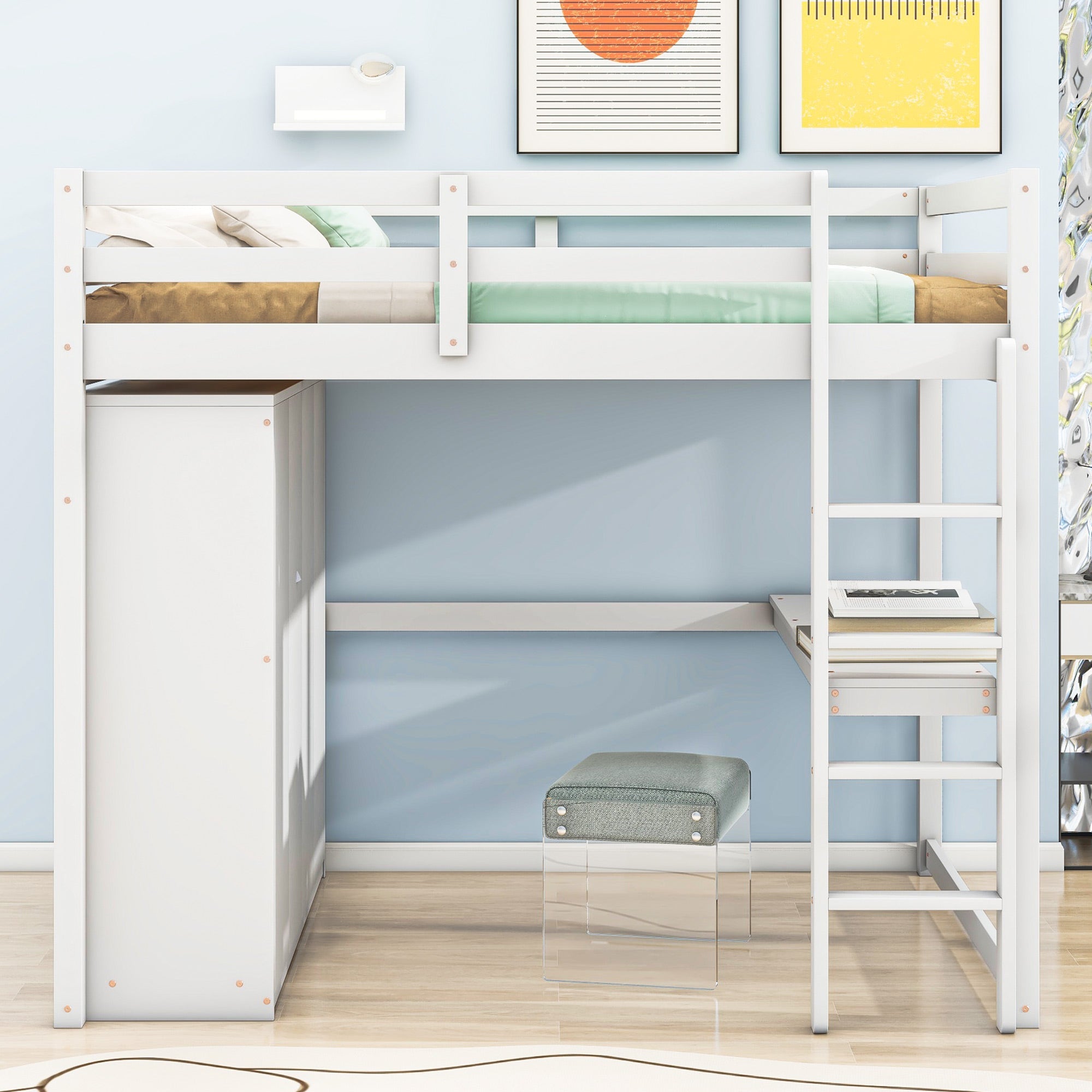 Wood Full Size Bed with Built-in Wardrobe, Desk, Storage Shelves and Drawers