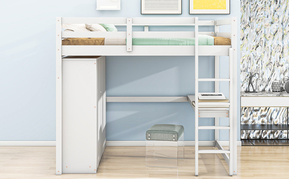 Wood Full Size Bed with Built-in Wardrobe, Desk, Storage Shelves and Drawers