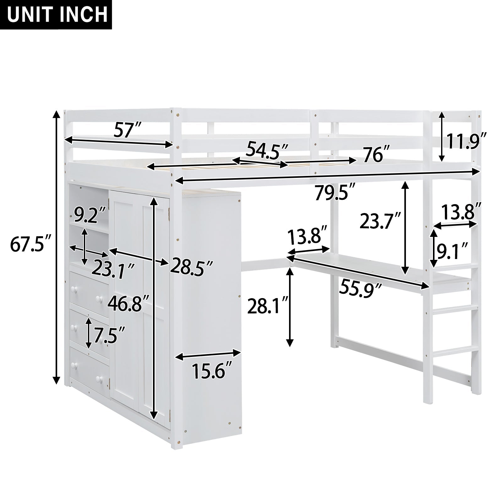 Wood Full Size Bed with Built-in Wardrobe, Desk, Storage Shelves and Drawers