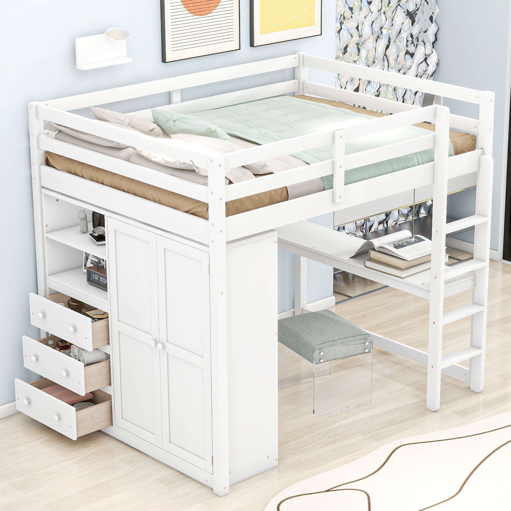 Wood Full Size Bed with Built-in Wardrobe, Desk, Storage Shelves and Drawers