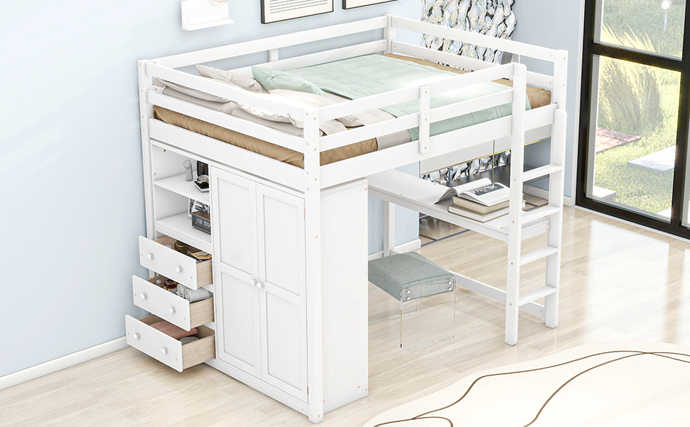 Wood Full Size Bed with Built-in Wardrobe, Desk, Storage Shelves and Drawers