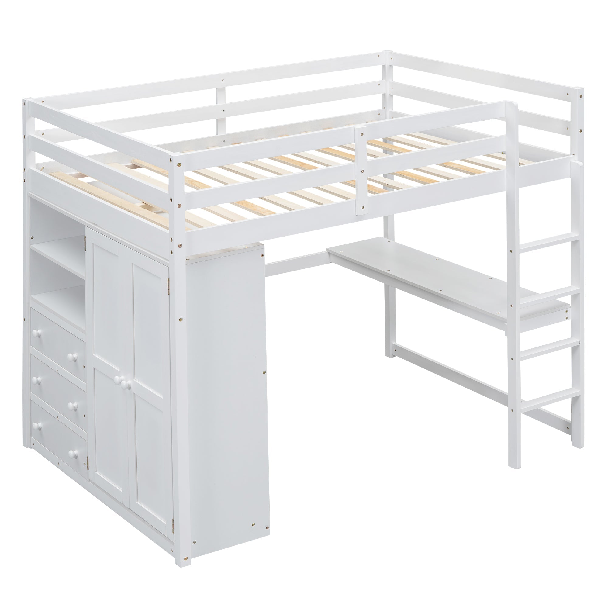 Wood Full Size Bed with Built-in Wardrobe, Desk, Storage Shelves and Drawers