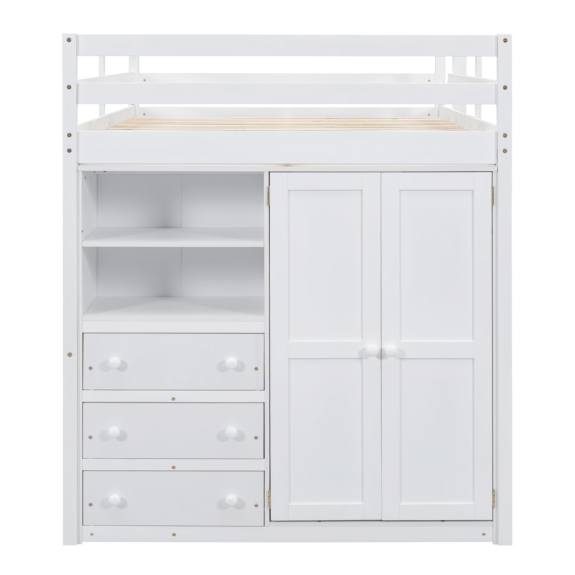 Wood Full Size Bed with Built-in Wardrobe, Desk, Storage Shelves and Drawers