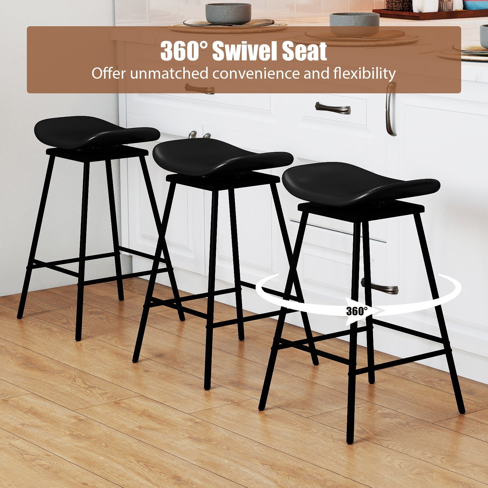 Set of 2 Swivel Barstools Faux Leather Upholstered Backless with Footrest
