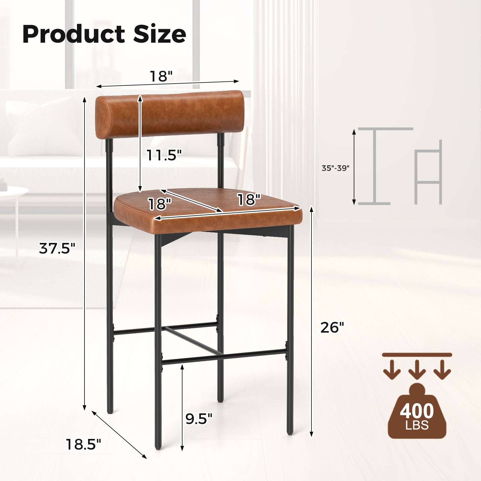 26 Inch Upholstered Bar Stools Set of 2 Counter Height Bar Chairs with Backrest
