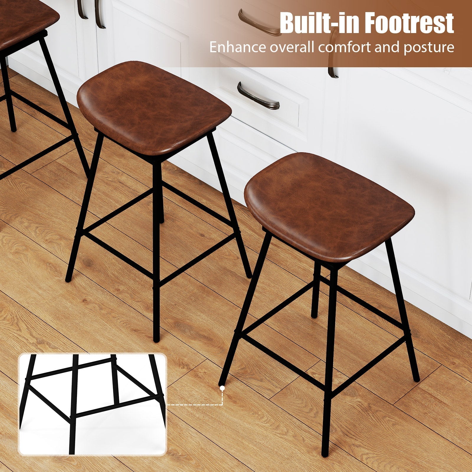 Set of 2 Swivel Barstools Faux Leather Upholstered Backless with Footrest