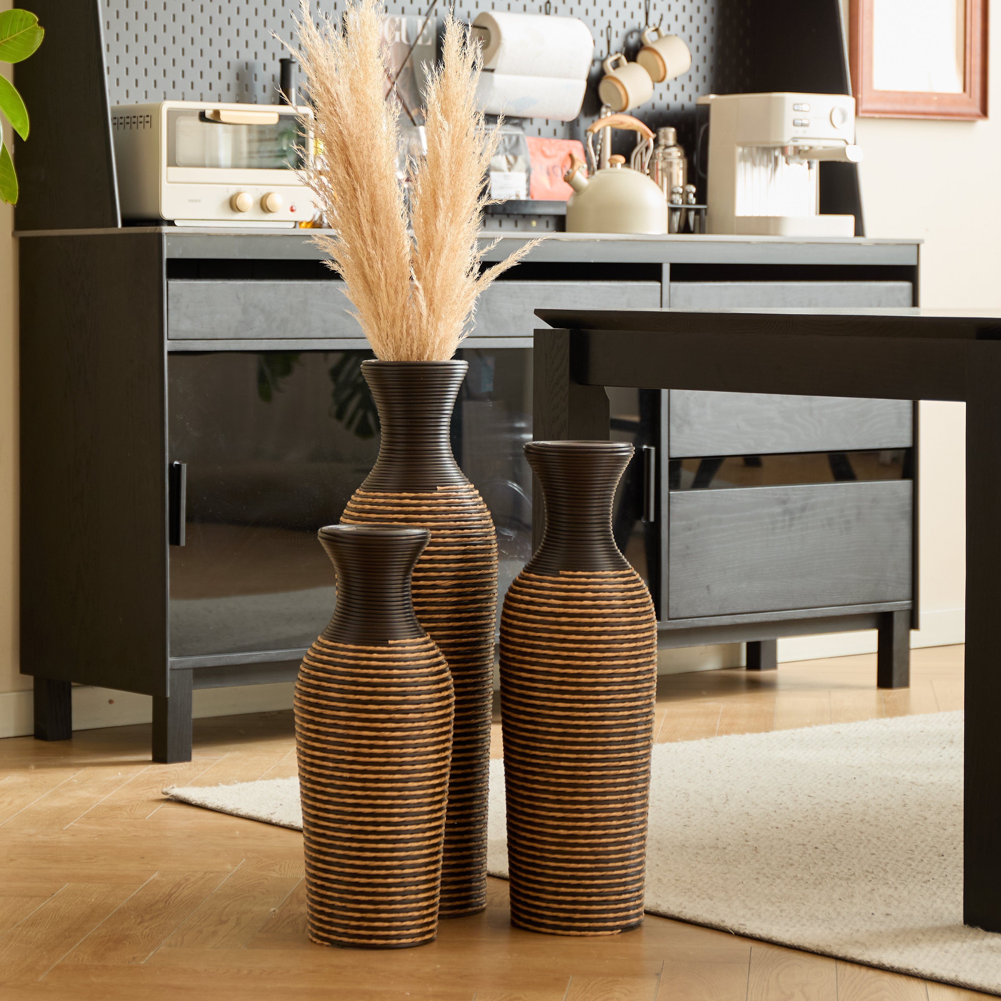Hand-Woven PVC Rattan Vases, Set of 3 Decorative Floor Vases