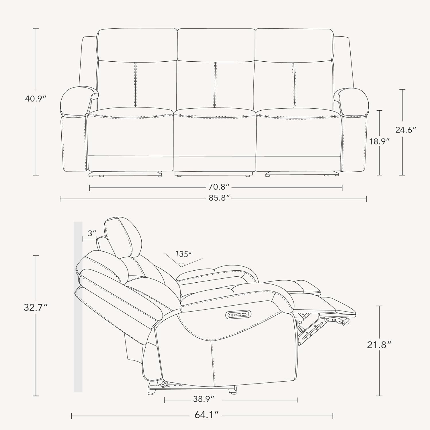 Navy Leather Power Recliner Sofa