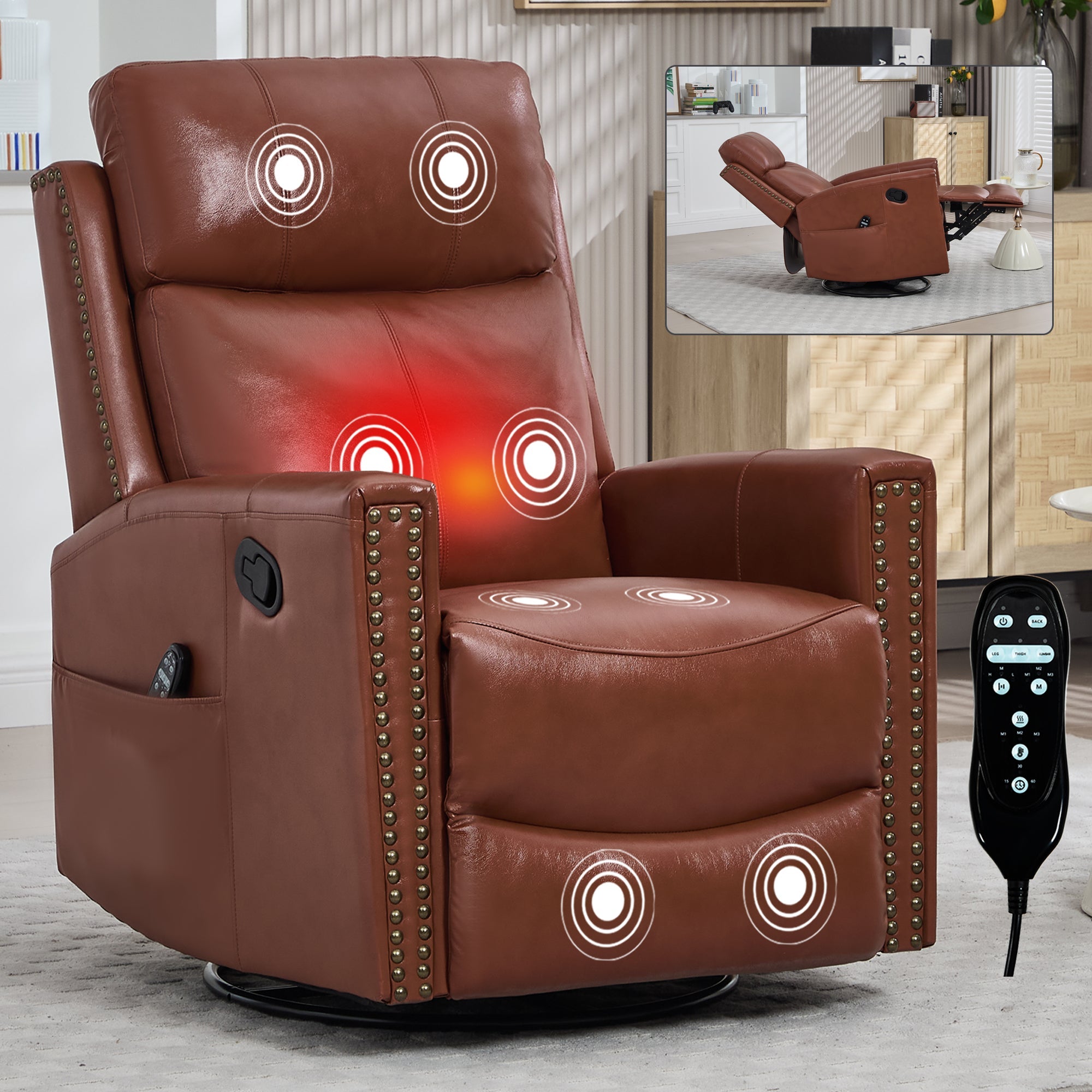 Red Genuine Leather Heat Massage Manual Recliner Chair