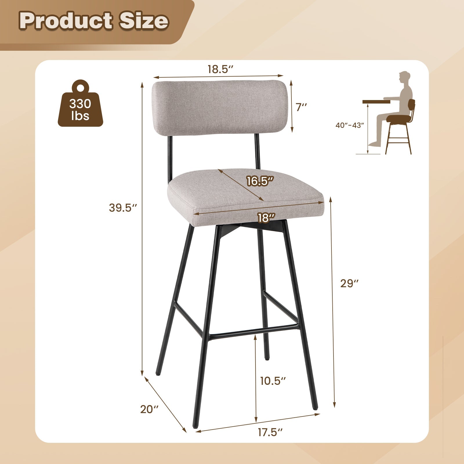 29 Inch Counter Height Upholstered Swivel Bar Stool Set of 2