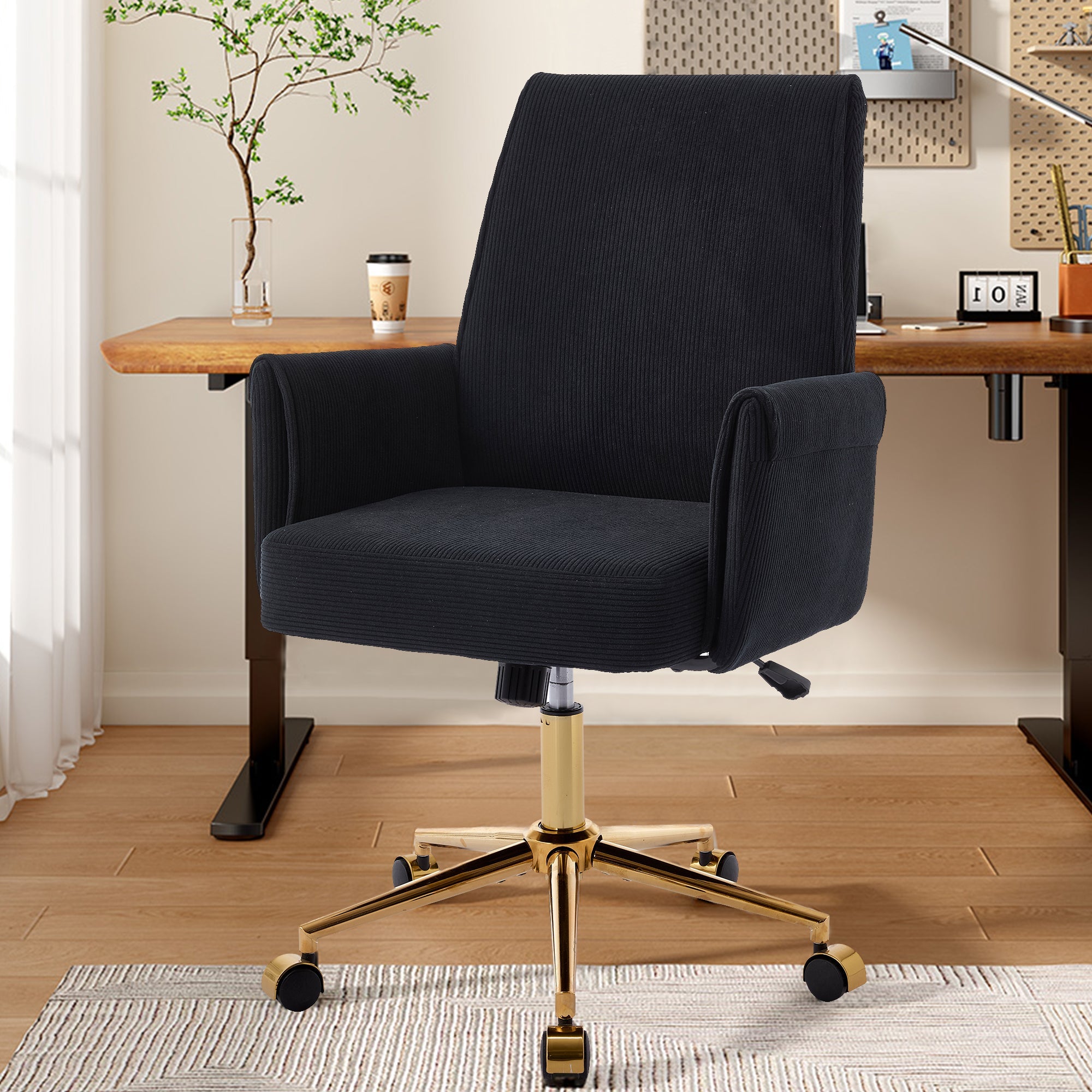 Mid-Back Liftable Office Chair - Striped Fabric - Black