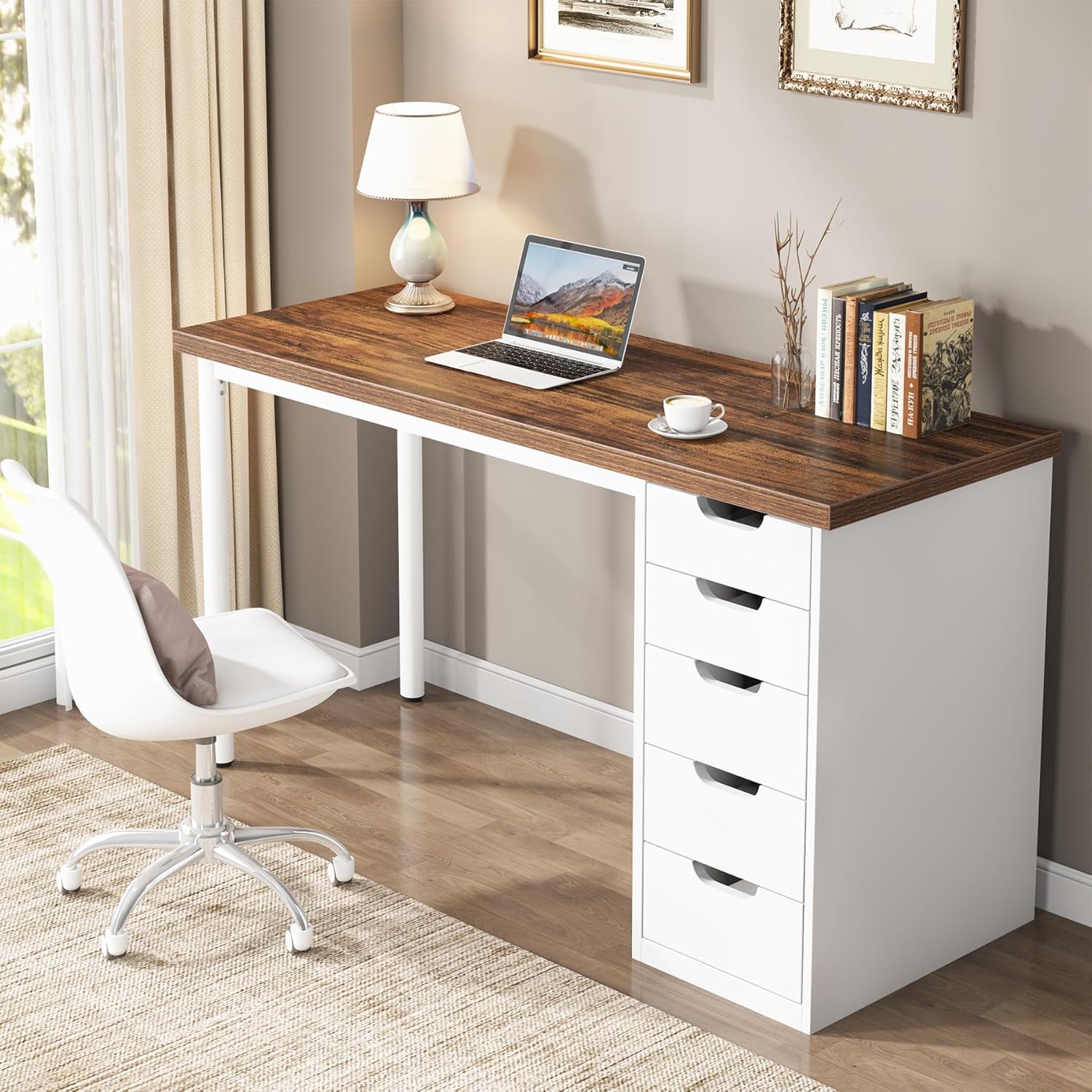 Computer Desk with 5 Drawers - 47 Inch Rustic Design