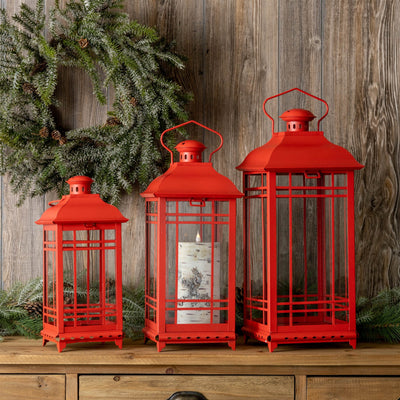 Set of Three Classic Farmhouse Red Metal Lanterns