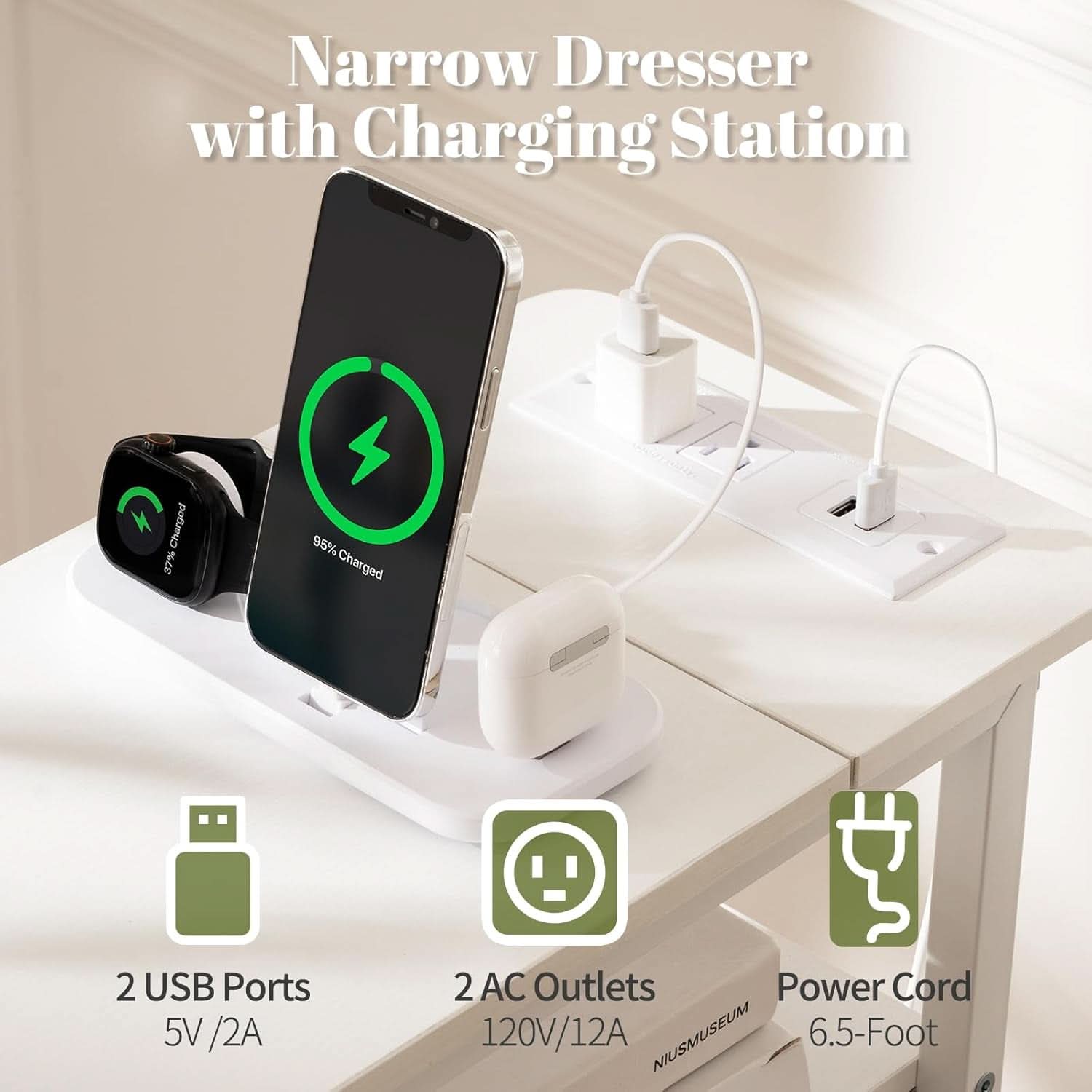 LED Narrow Nightstand With Wireless Charging