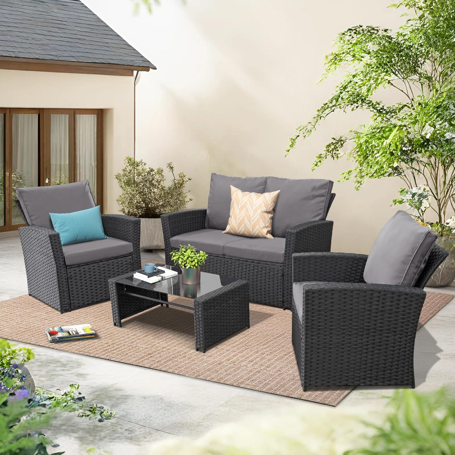 Ainfox 4 Piece Outdoor Patio Furniture Set, Wicker Rattan Sectional Sofa Conversation Set Modern Outdoor Couch for Garden, Balcony, Porch, Backyard