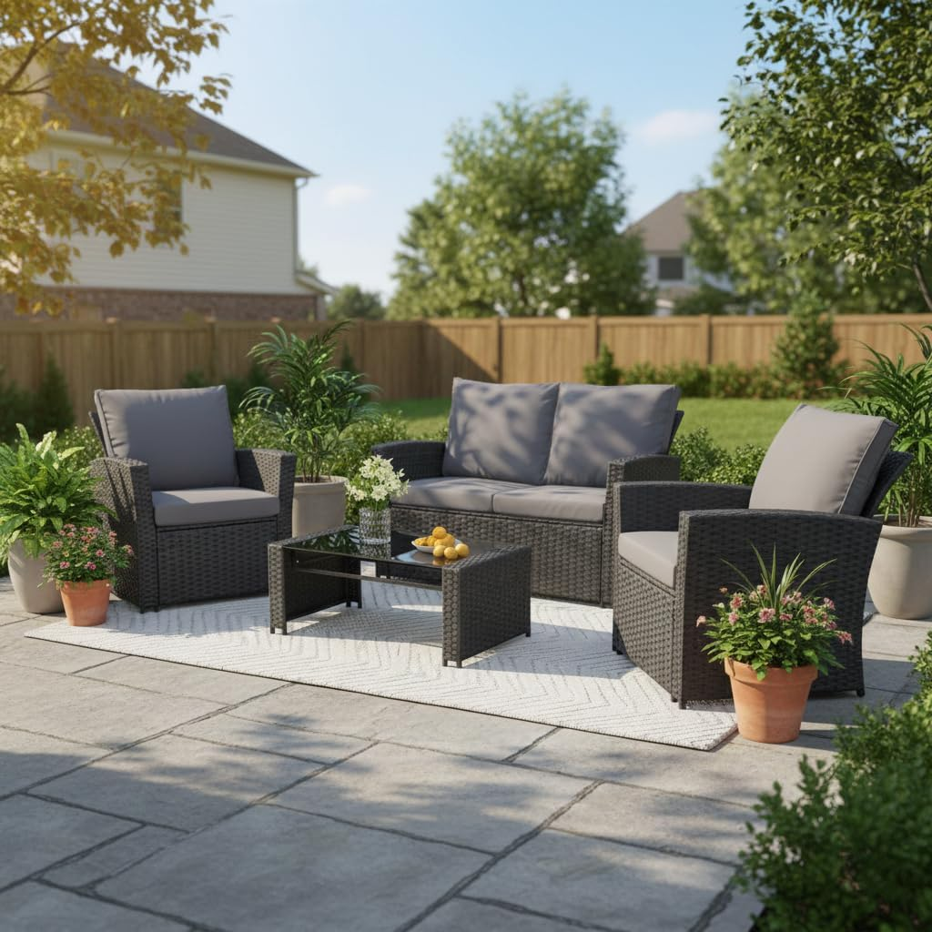 Ainfox 4 Piece Outdoor Patio Furniture Set, Wicker Rattan Sectional Sofa Conversation Set Modern Outdoor Couch for Garden, Balcony, Porch, Backyard