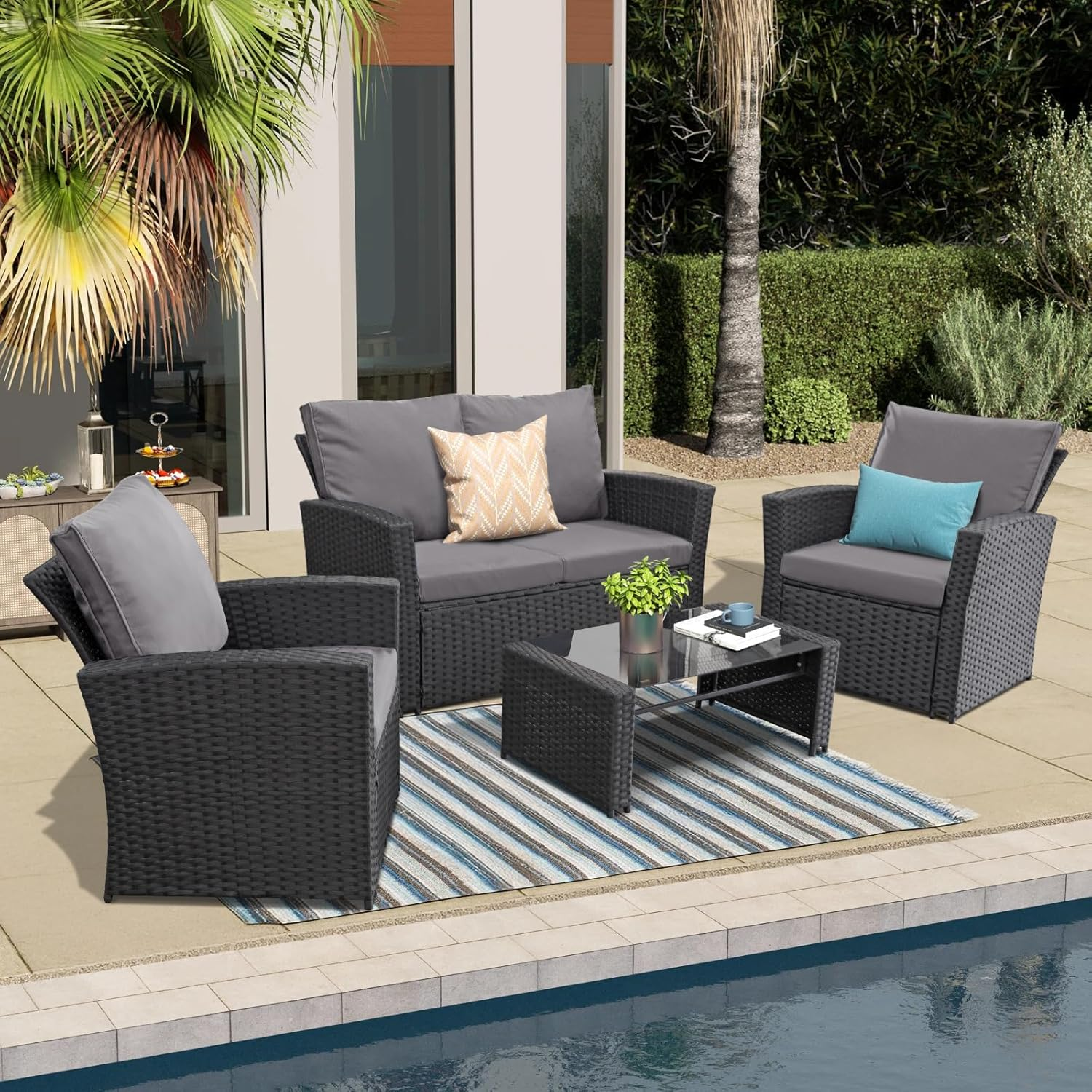 Ainfox 4 Piece Outdoor Patio Furniture Set, Wicker Rattan Sectional Sofa Conversation Set Modern Outdoor Couch for Garden, Balcony, Porch, Backyard