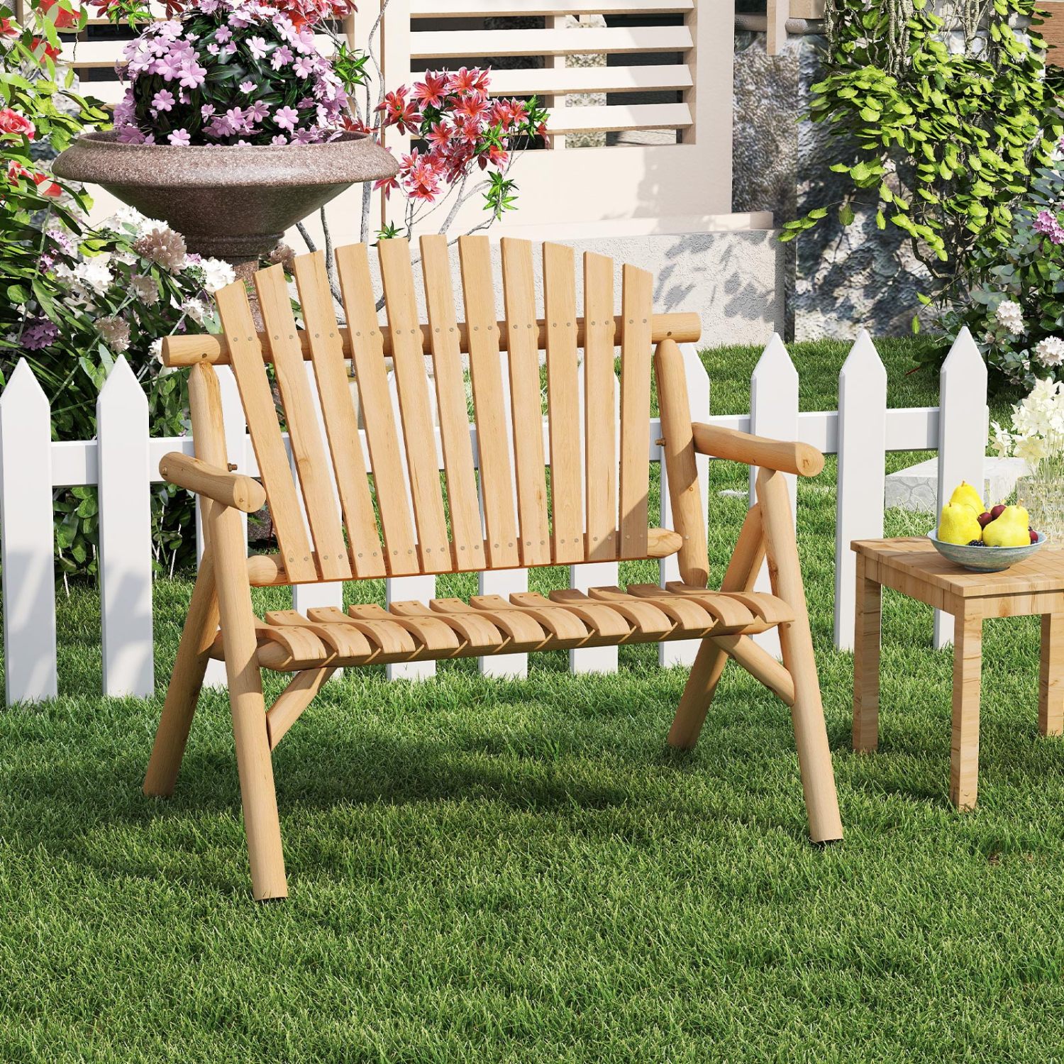 2-Person Log Wood Patio Bench with Slatted Backrest