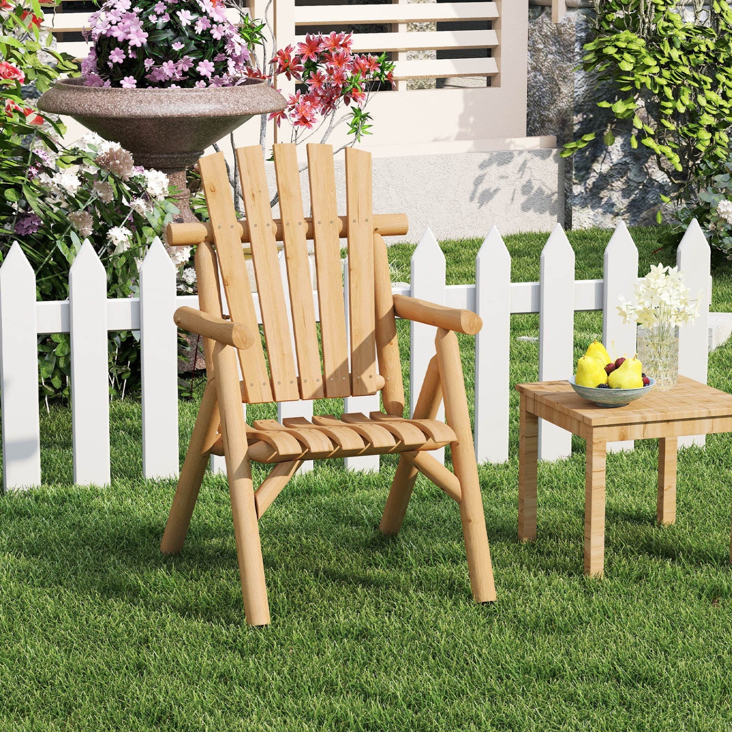 Solid Wood Patio Chair with Curved Seat and Slatted Backrest