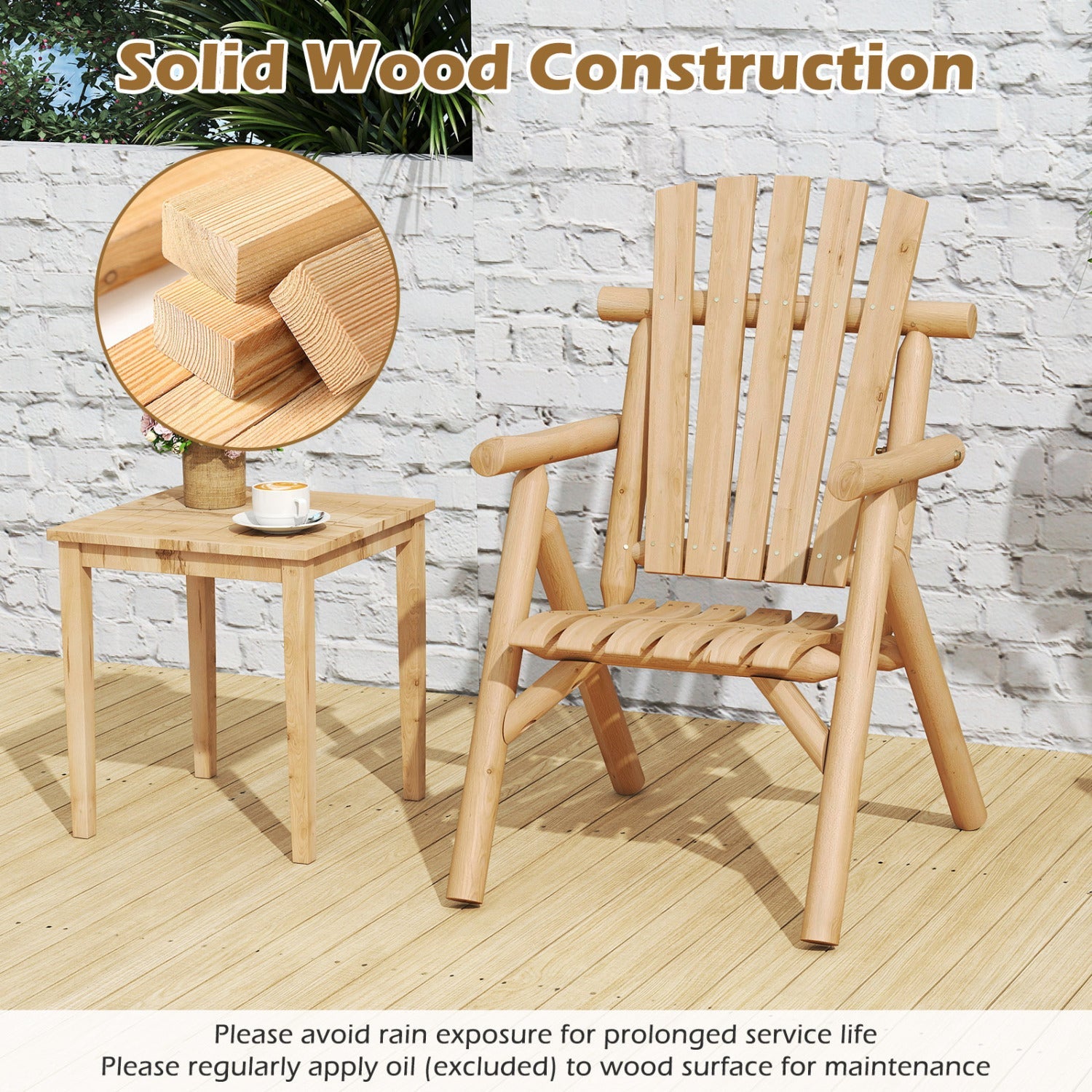 Solid Wood Patio Chair with Curved Seat and Slatted Backrest