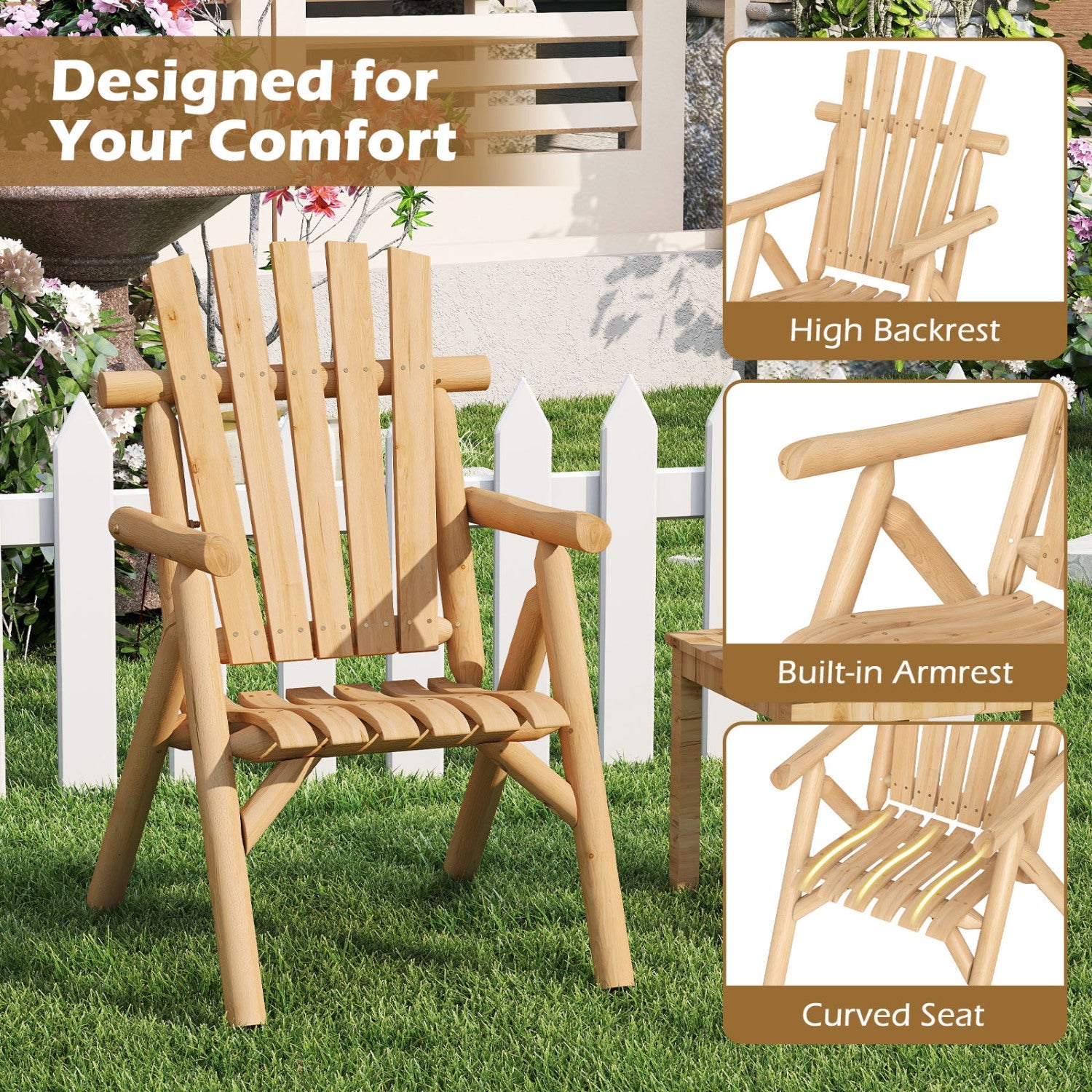 Solid Wood Patio Chair with Curved Seat and Slatted Backrest