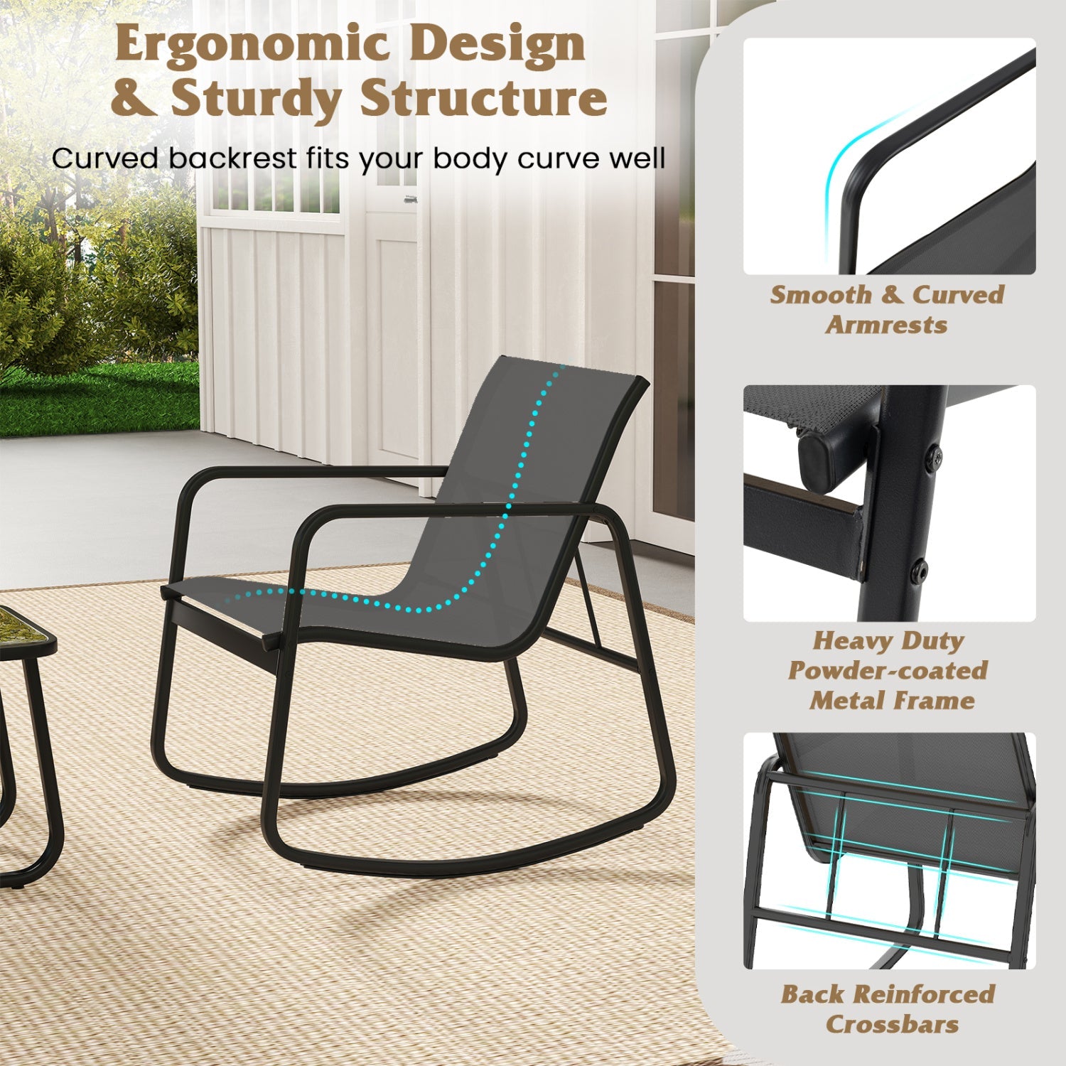 3-Piece Rocking Bistro Set with Glass Table for Patio