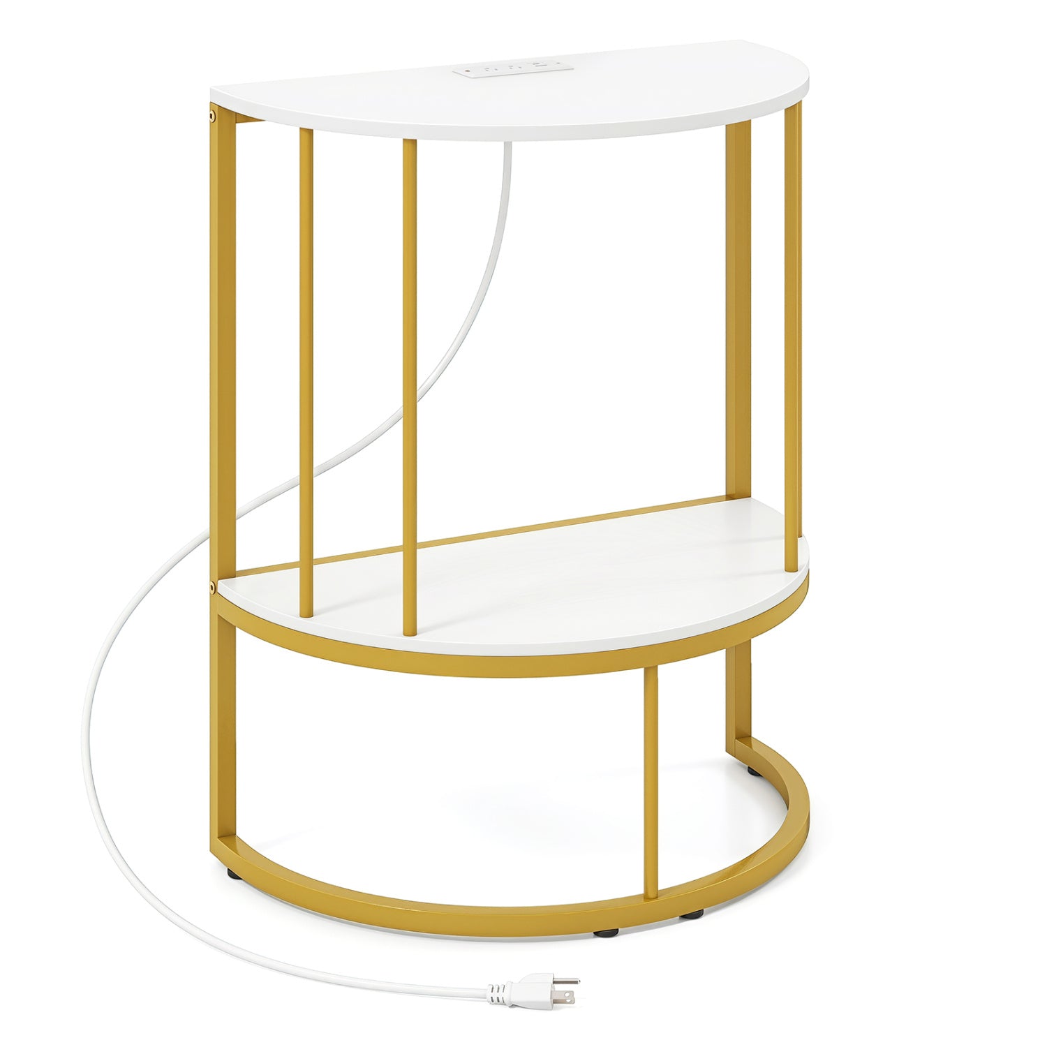 Half Moon Console Table with Power Outlets & Storage Shelf