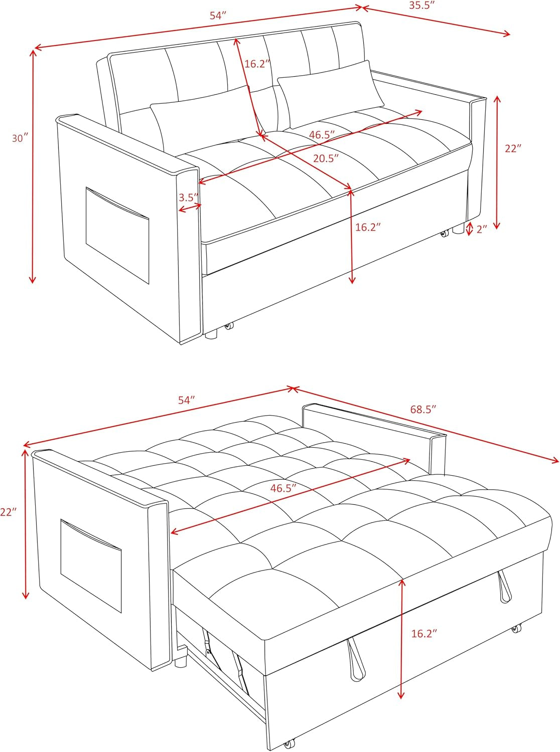 54 Inches Convertible Sofa Bed With Adjustable Backrest