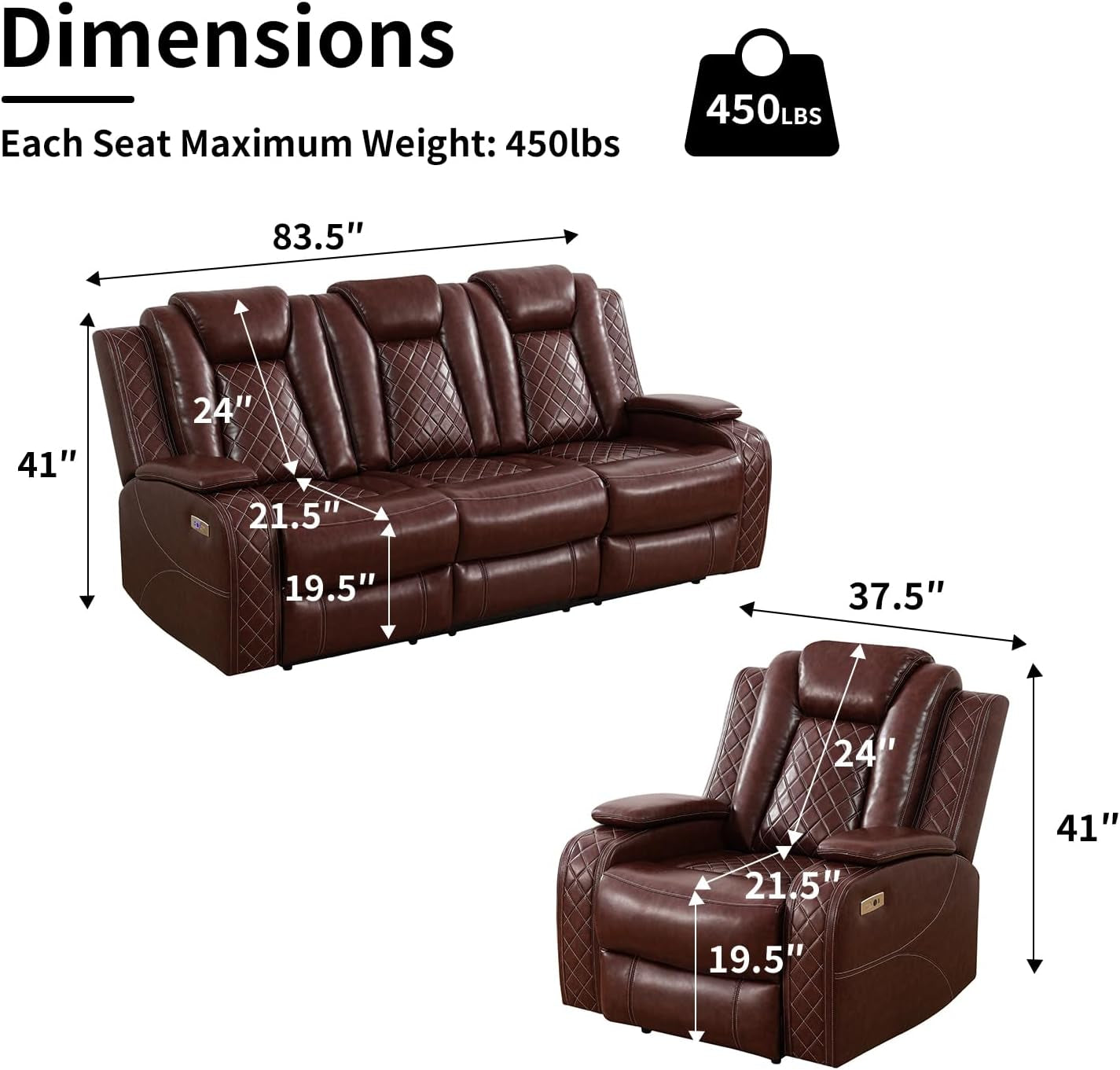 Techno Power Reclining Brown Leather Sofa Set