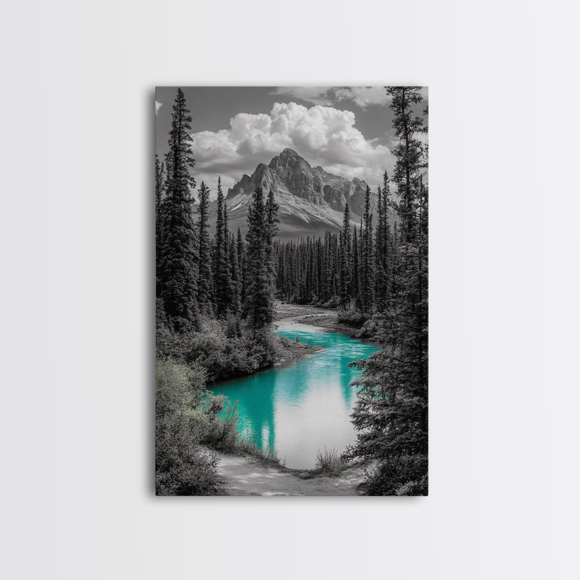 Mountain River, Turquoise Stream, Serene Nature Scene, Canvas Print, Living Room Wall Art, Minimal Landscape Decor, Cabin Vibes