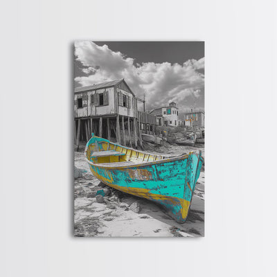 Rustic Boat, Coastal Village, Vintage Shore, Seaside Scene