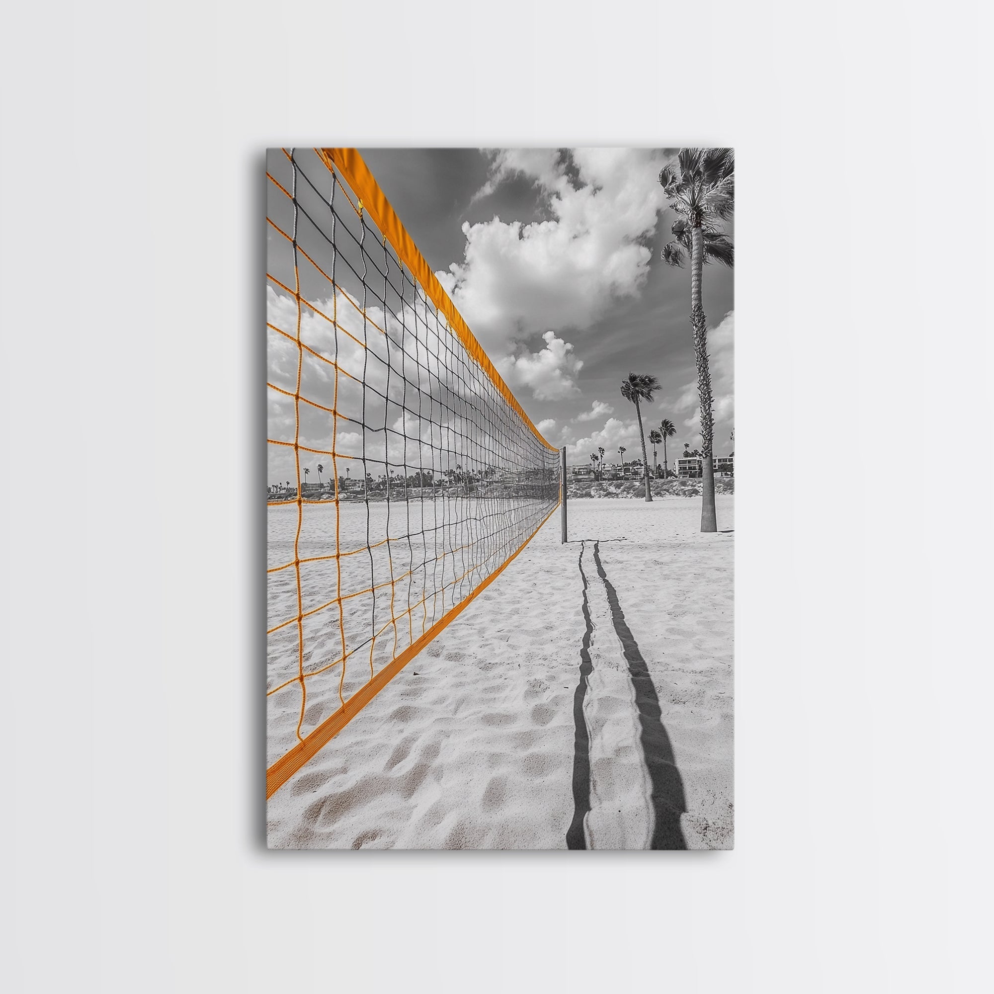 Volleyball Court, Sand and Net, Coastal Play, Framed Canvas Print, Sports Wall Art, Teen Room Decor, Summer Athletic Beach Vibes