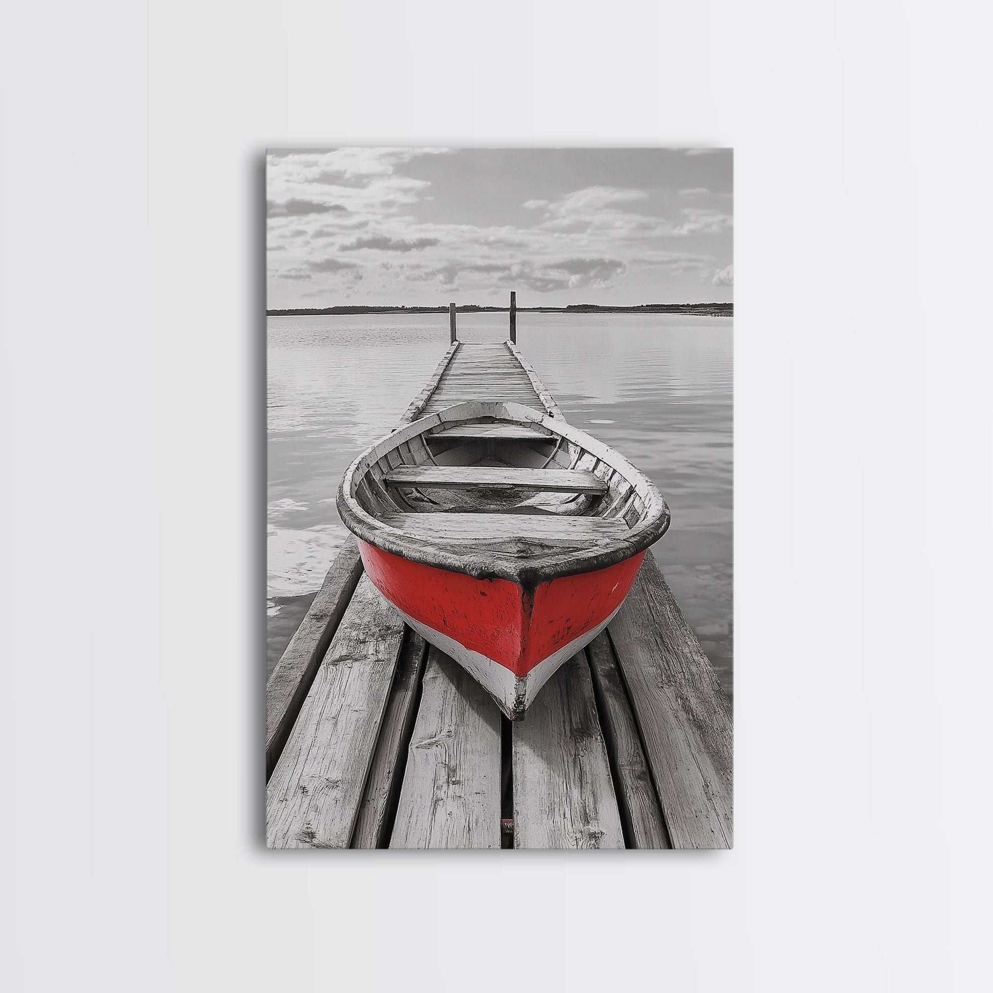 Red Rowboat, Dock Stillness, Minimalist Lake Scene, Canvas Print, Nautical Wall Art, Bathroom Decor, Tranquil Seascape, Coastal Aesthetic