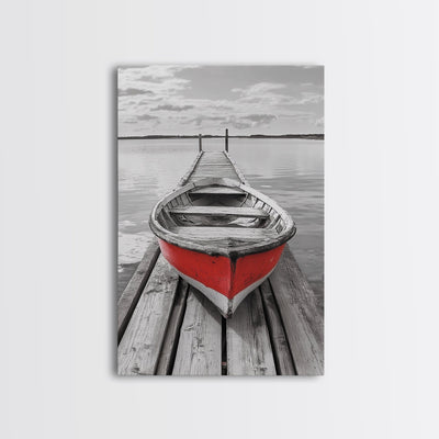 Red Rowboat, Dock Stillness, Minimalist Lake Scene