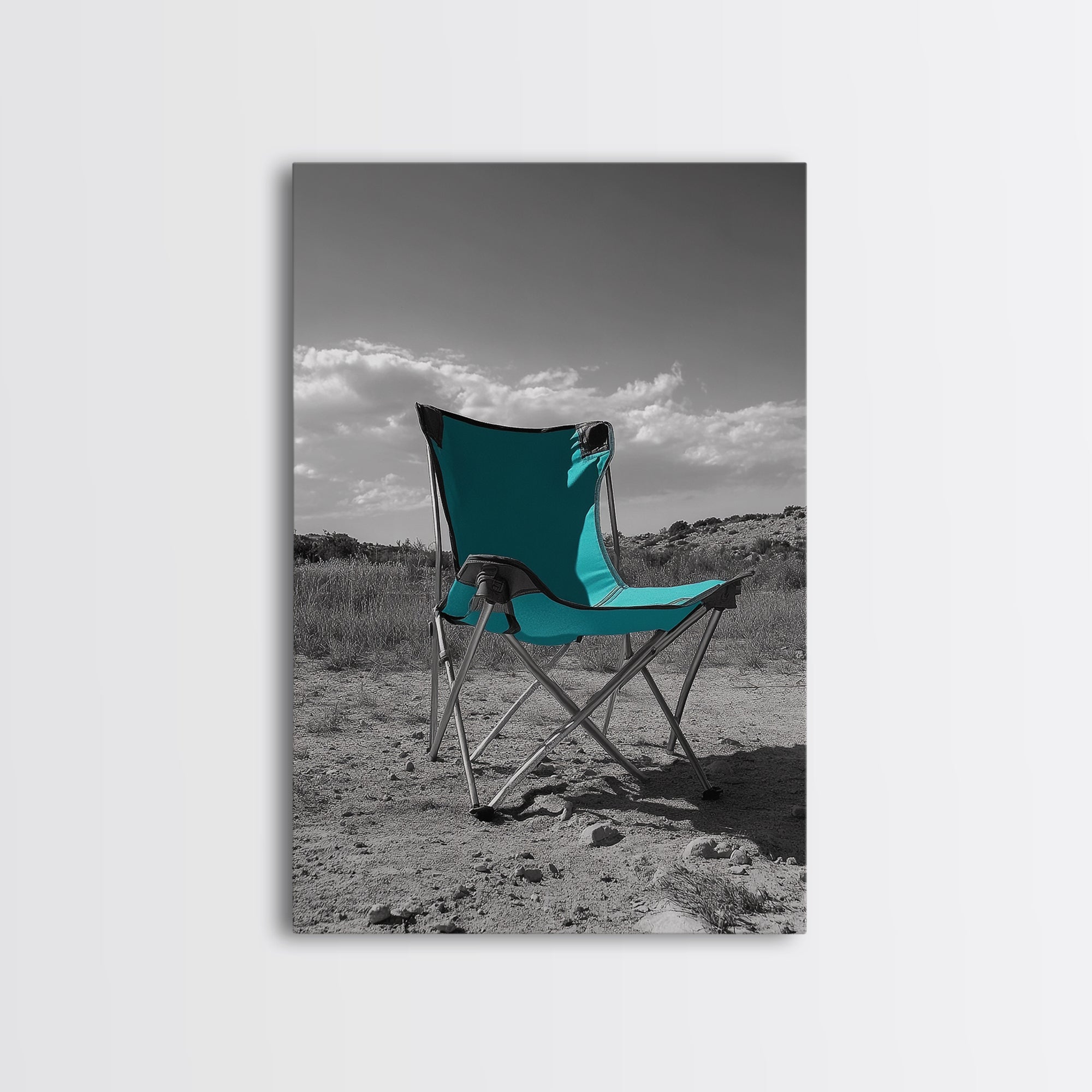 Teal Camp Chair, Outdoor Minimalism, Desert Art, Canvas Print, Camping Wall Decor, Nature Photo, Rustic Retreat, Cabin Wall Art