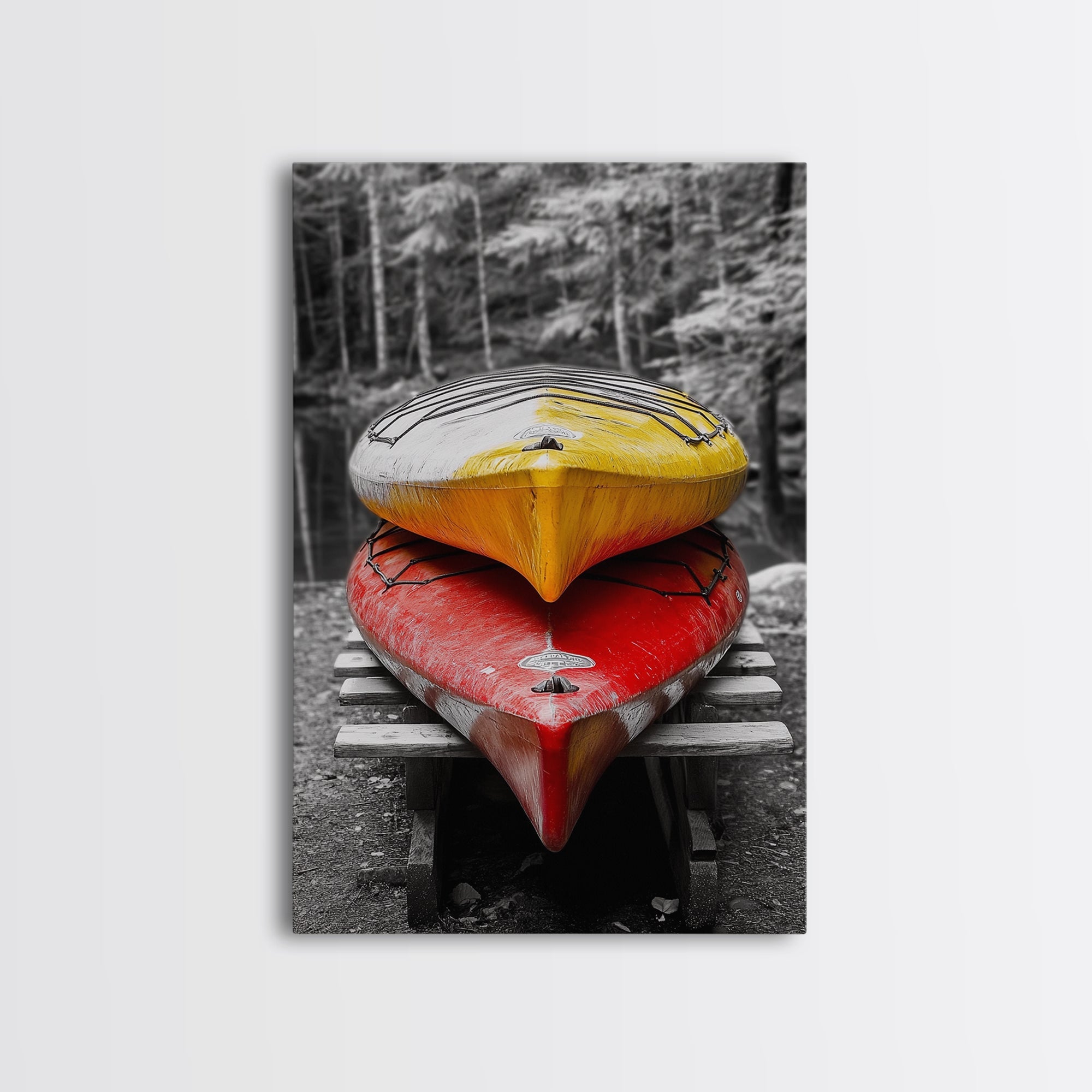 Stacked Kayaks, Red and Yellow, Forest Wall Art