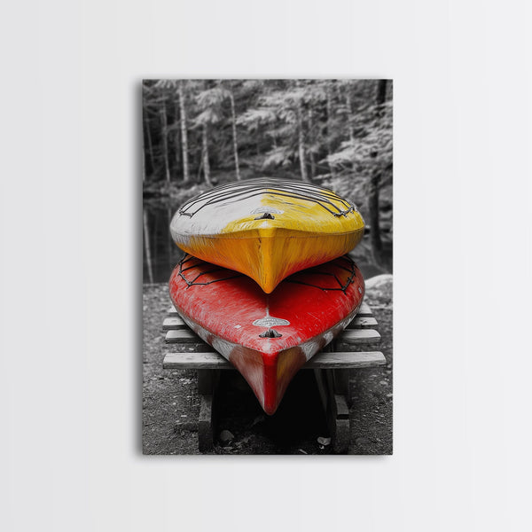 Stacked Kayaks, Red and Yellow, Forest Wall Art
