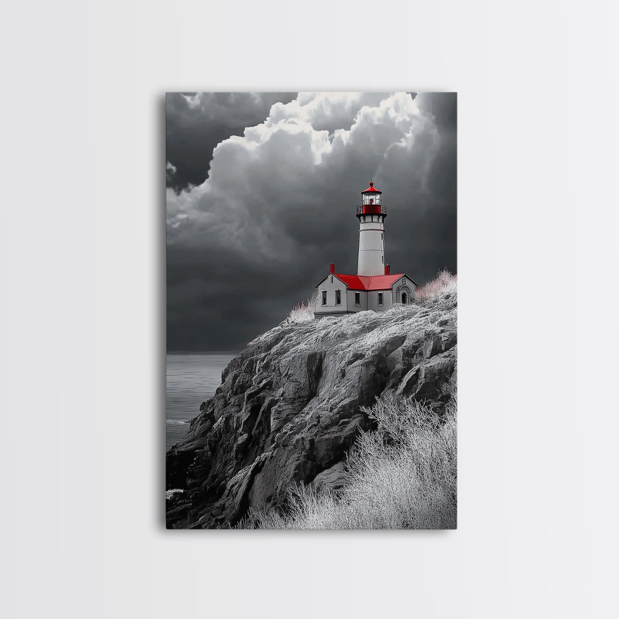 Stormy Lighthouse, Red Roof, Dramatic Coastline, Canvas Print, Coastal Wall Decor, Nautical Art, Living Room Wall Art, Rustic Home Art