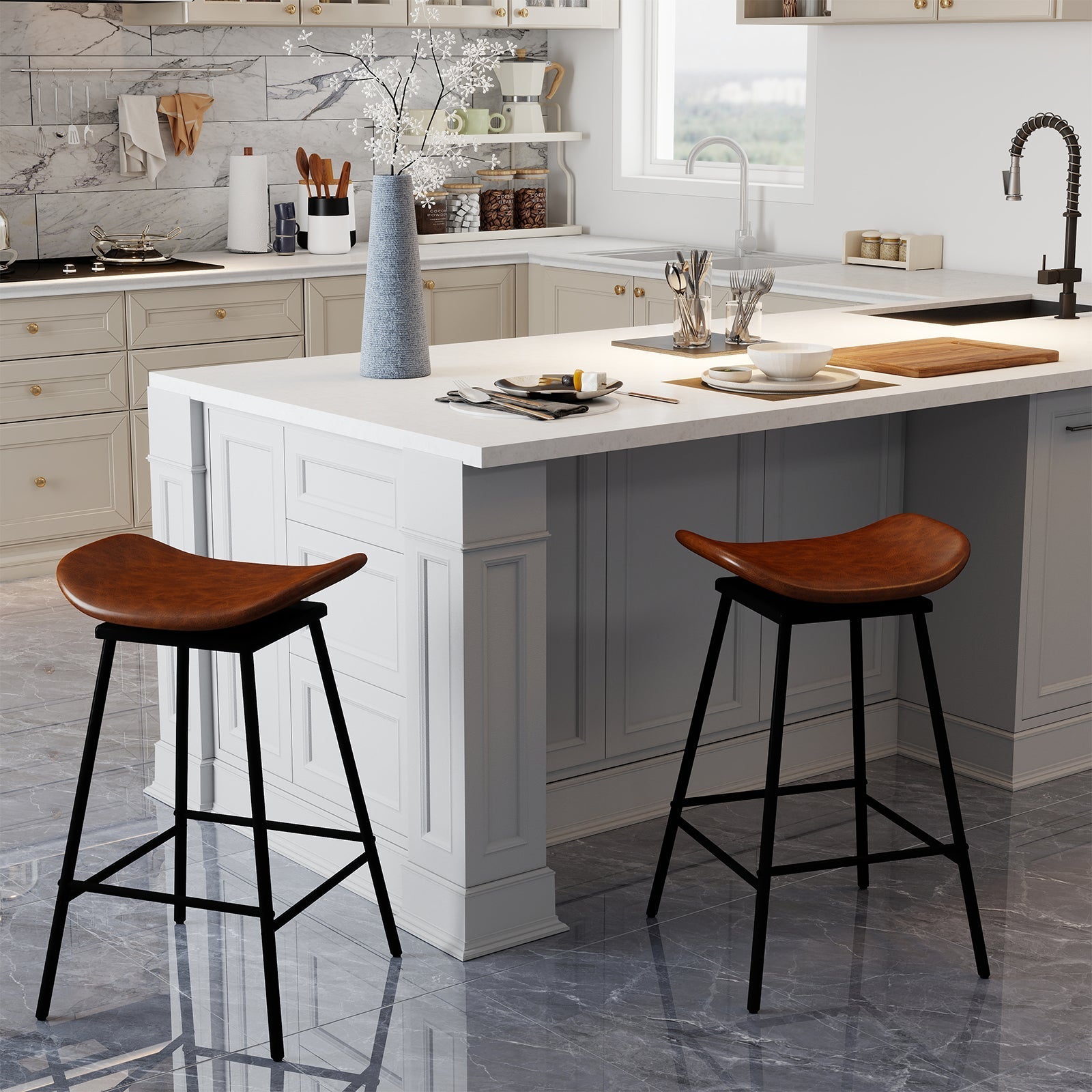 Set of 2 Swivel Barstools Faux Leather Upholstered Backless with Footrest