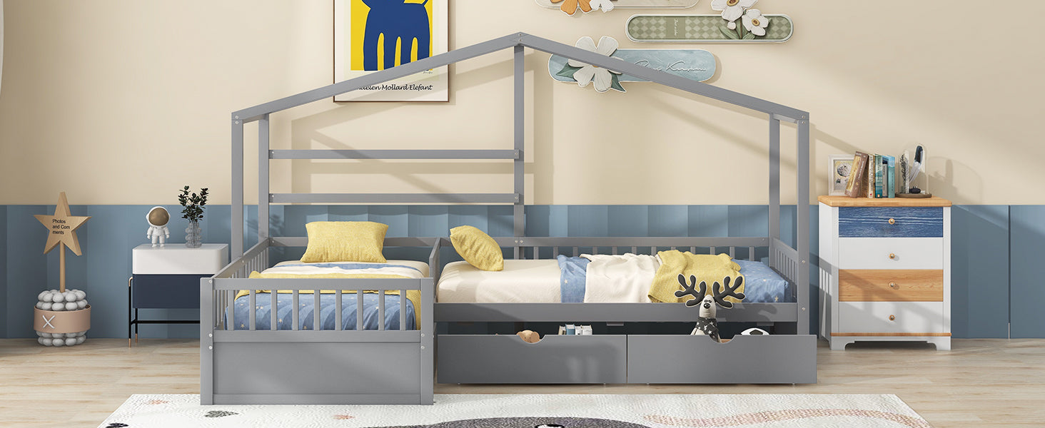 Twin Size House Platform Bed with Three Storage Drawers