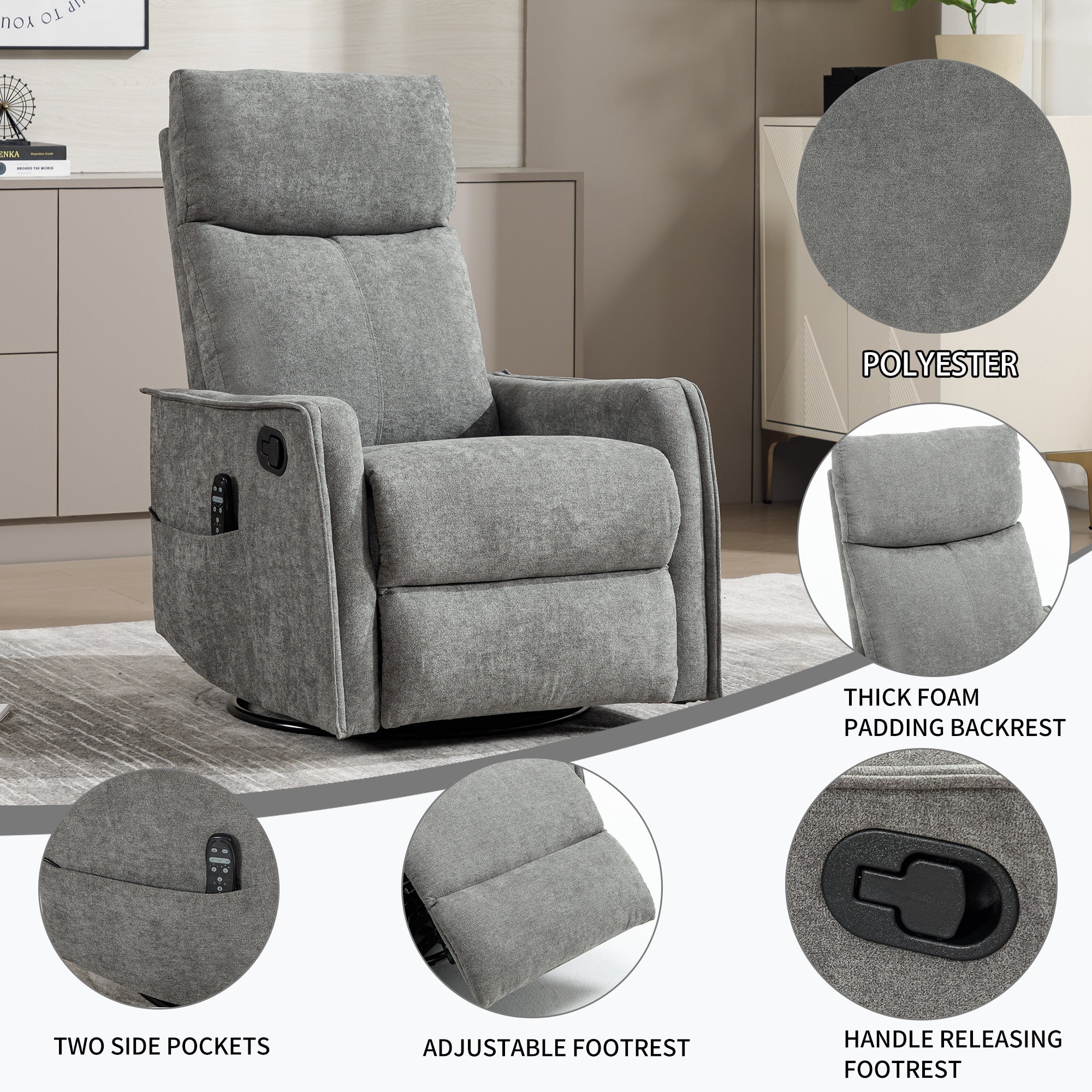 Heat Massage Manual Recliner Chair with Rocker and Swivel in Fabric