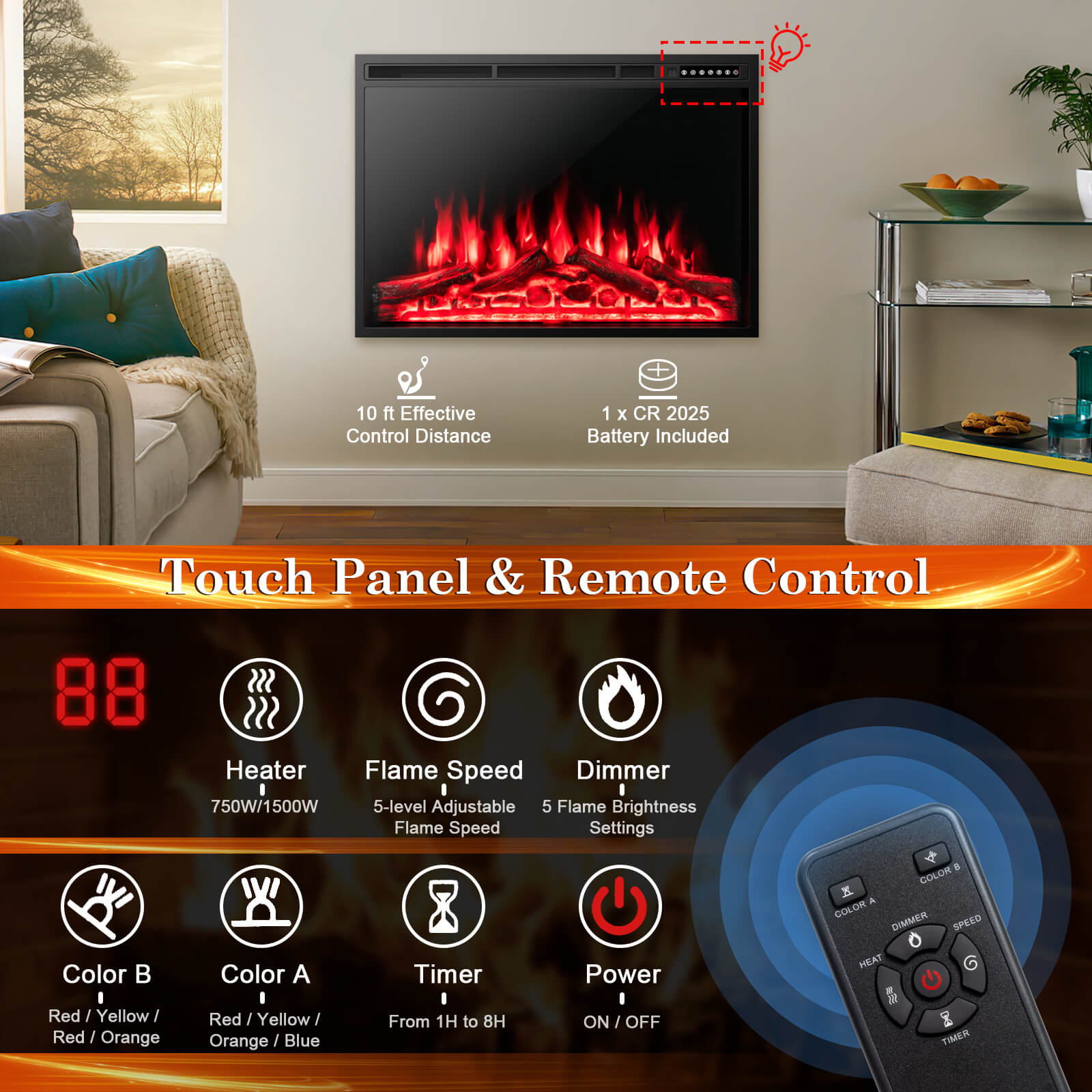 Electric Fireplace Recessed 34/37 Inch with Adjustable Flames