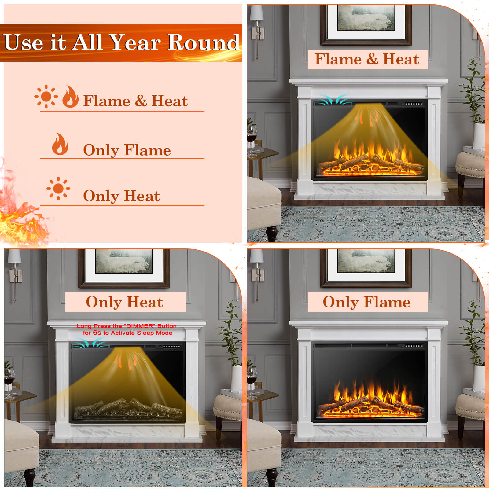 Electric Fireplace Recessed 34/37 Inch with Adjustable Flames