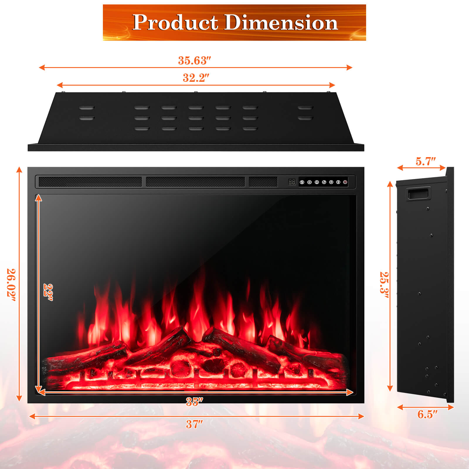 Electric Fireplace Recessed 34/37 Inch with Adjustable Flames