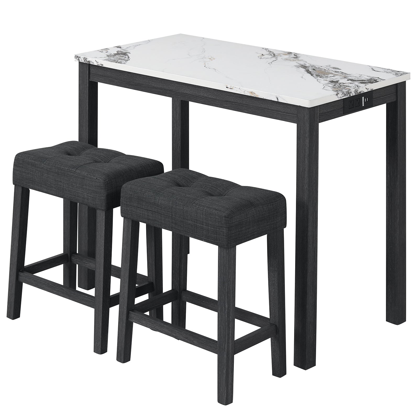 3-Piece Bar Table Set with Charging Station and Faux Marble Top