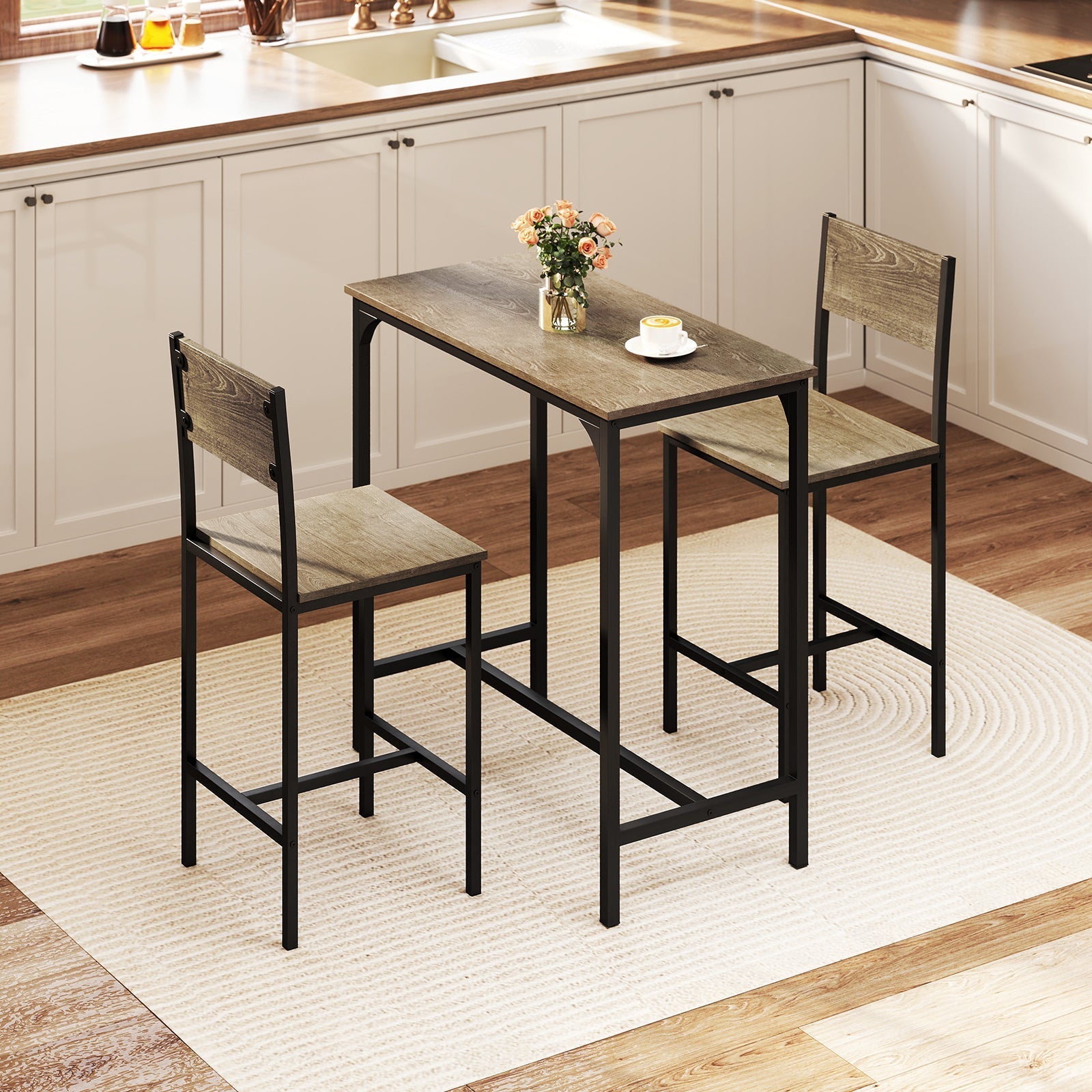 3 Piece Bar Table Set with Backrest and Footrest for Small Space