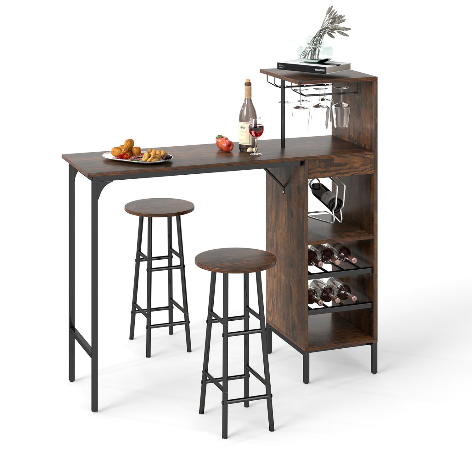 3 Piece Bar Table and Chairs Set with 6-Bottle Wine Rack-Brown
