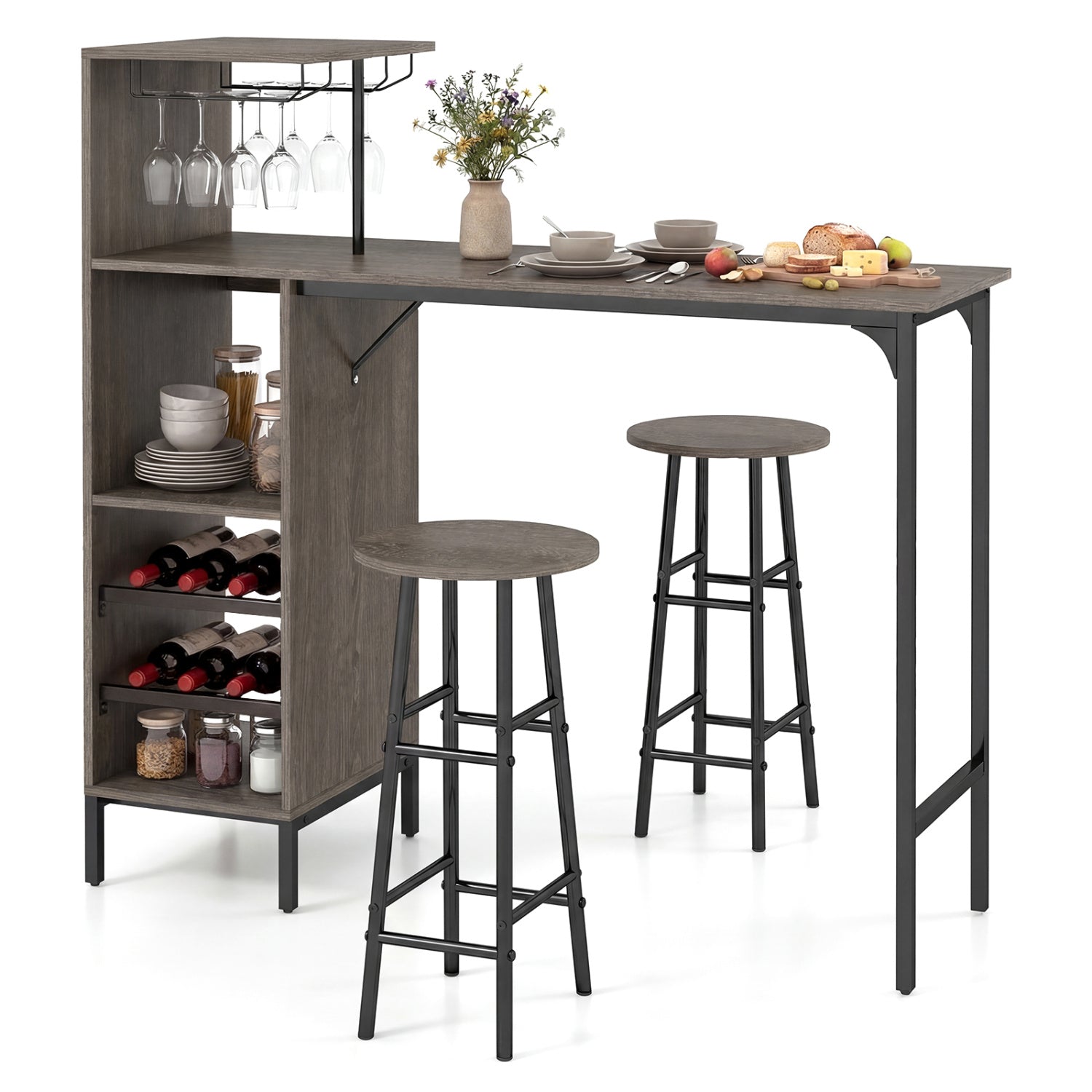 3 Piece Bar Table and Chairs Set with 6-Bottle Wine Rack-Brown