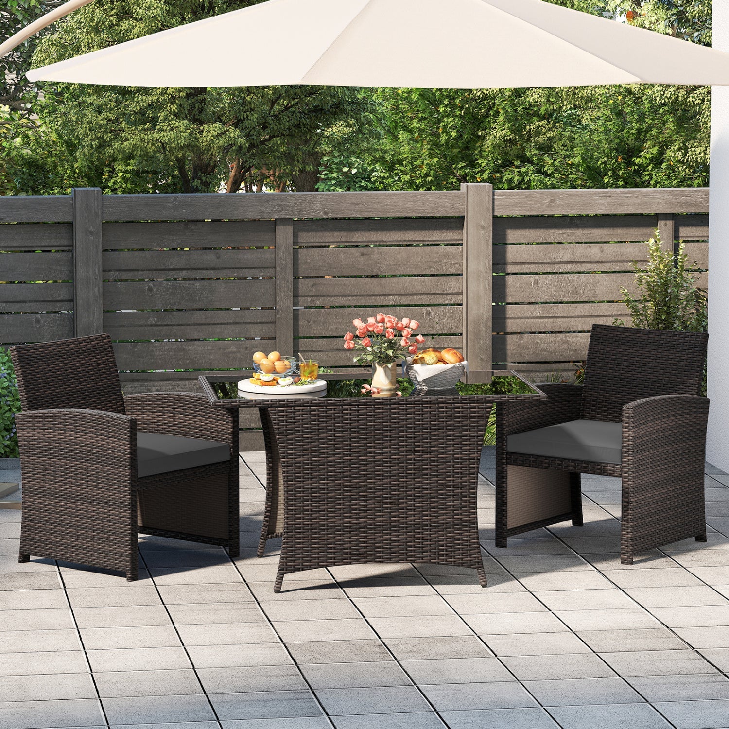 3-Piece Wicker Patio Dining Set with Tempered Glass Table