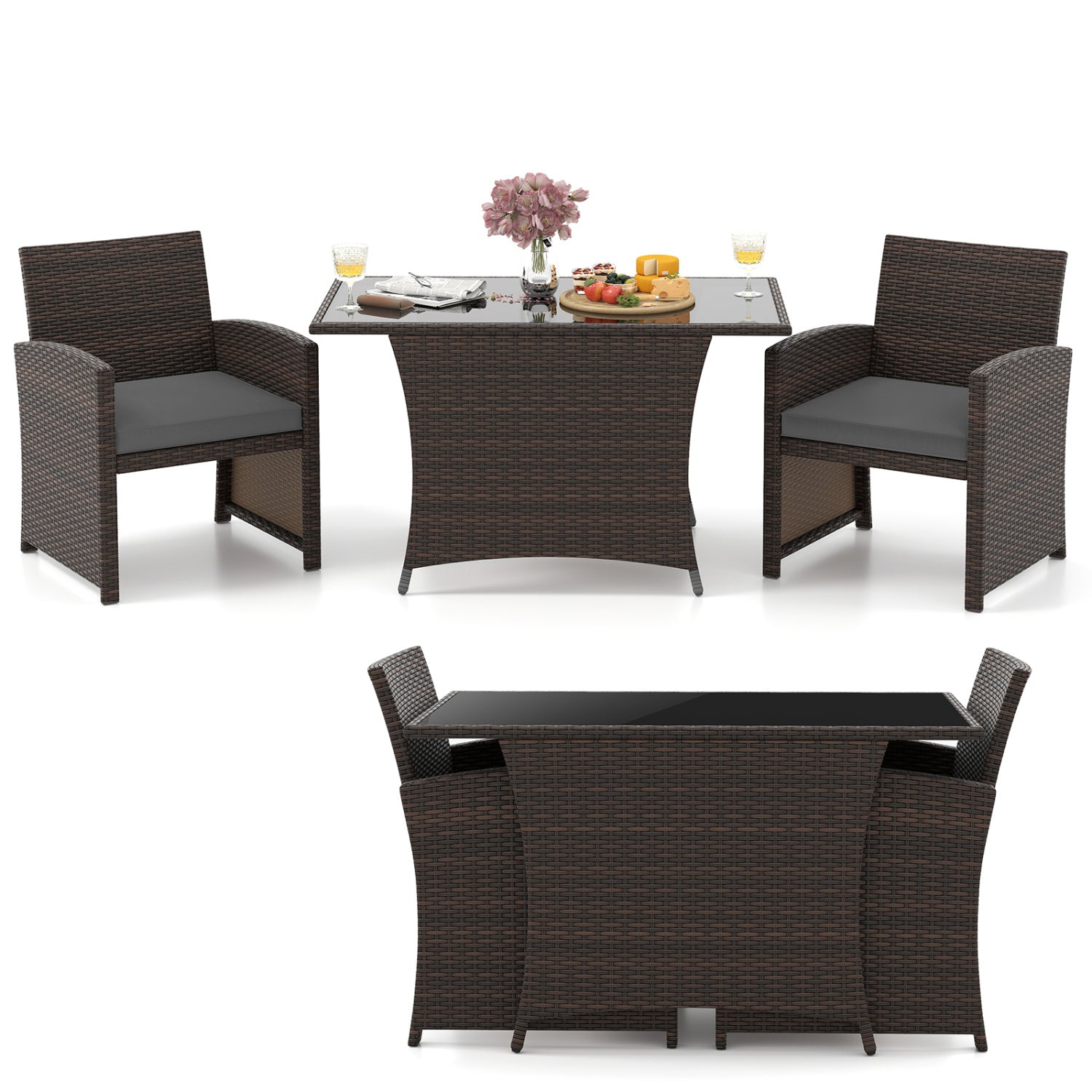 3-Piece Wicker Patio Dining Set with Tempered Glass Table